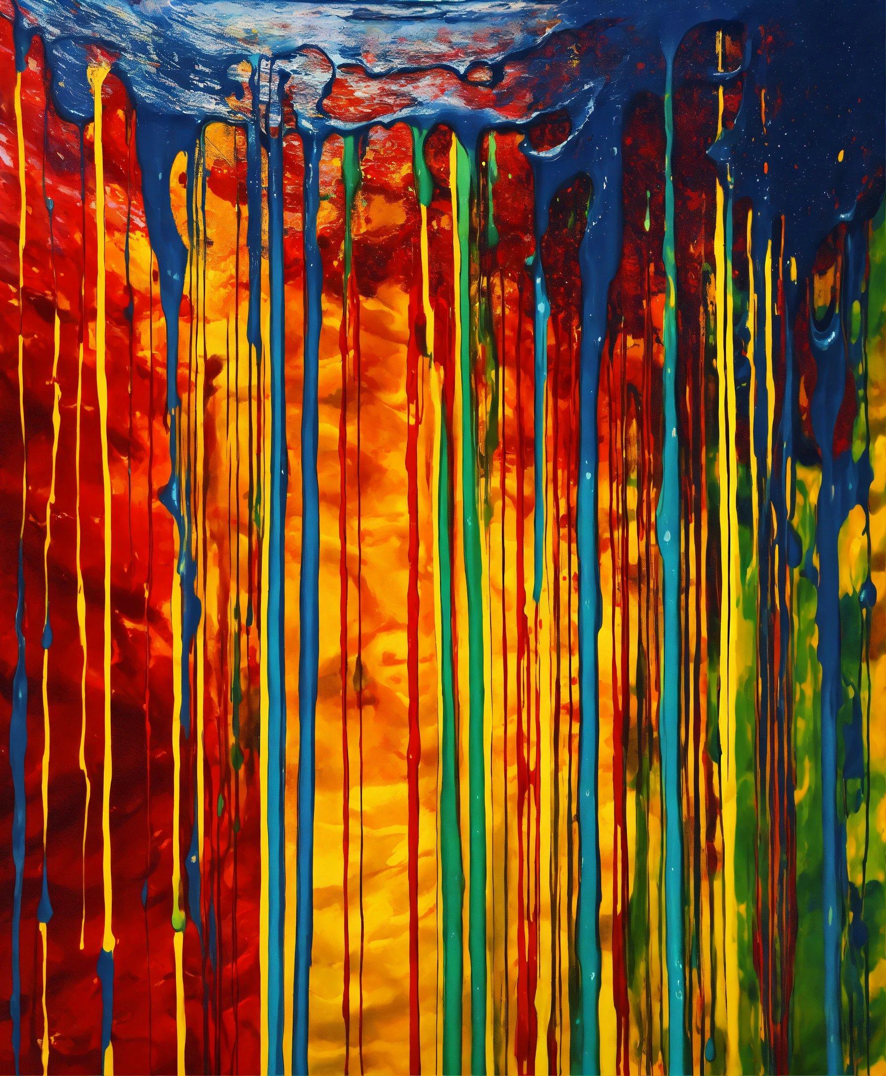 A Painting Of Multicolored Dripping Paint On A Blue Background