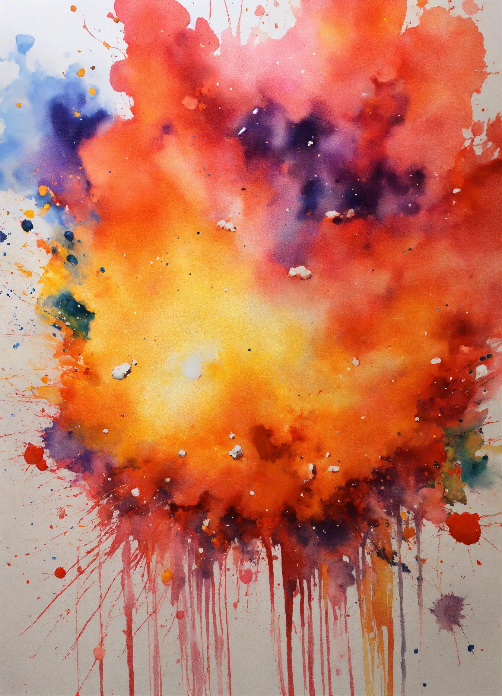 A Painting Of Orange And Purple Paint Splattered On A White Background