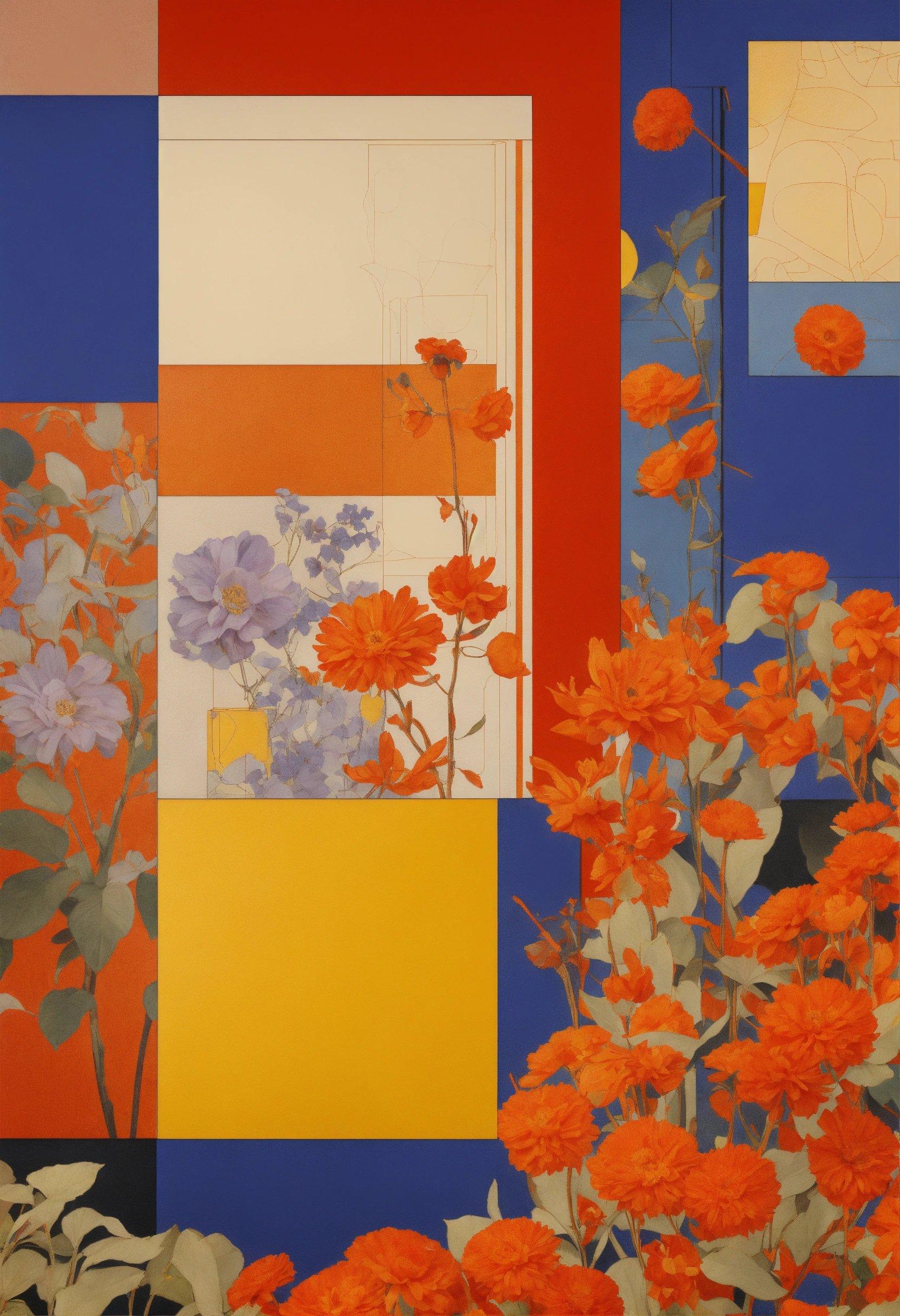 A Painting Of Orange Flowers And Blue And Yellow Squares