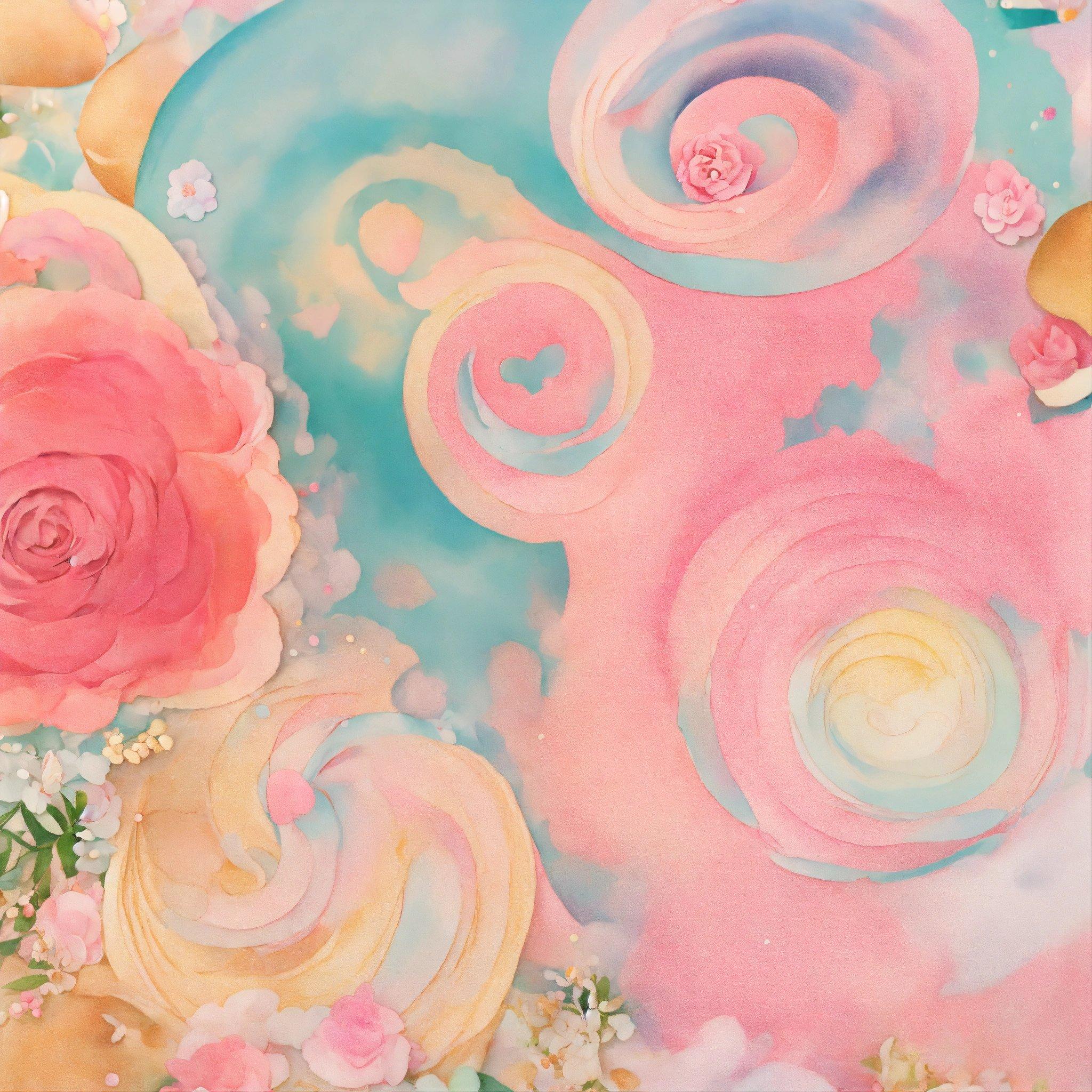 A Painting Of Pink Roses And Blue Swirls