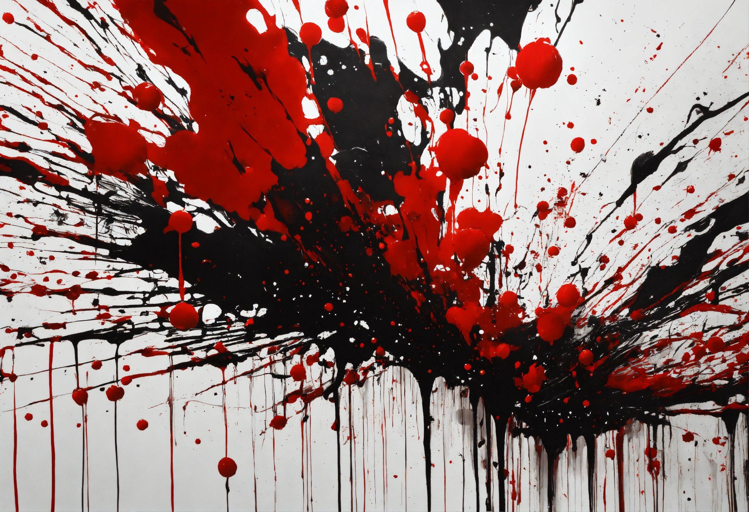 A Painting Of Red And Black Paint Splattered On A White Background