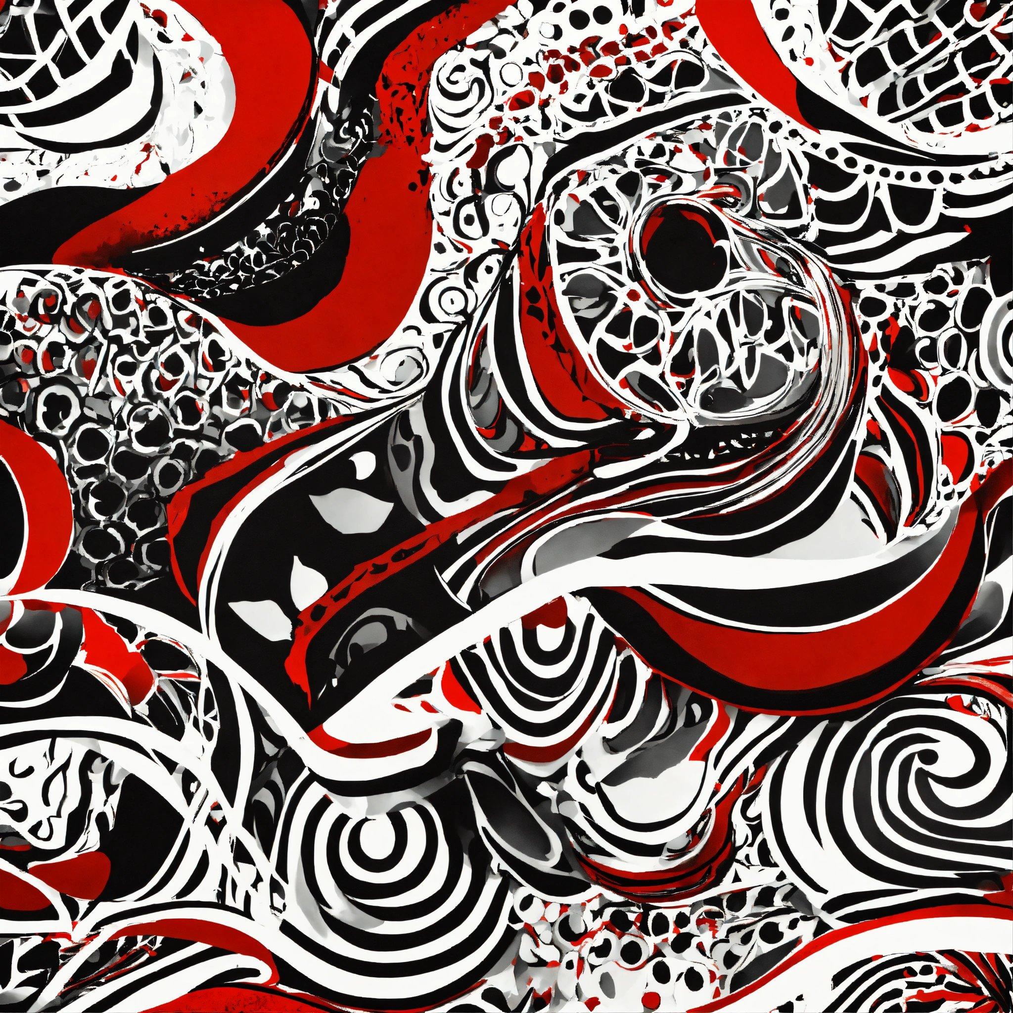 A Painting Of Red And Black Swirls On A White Background