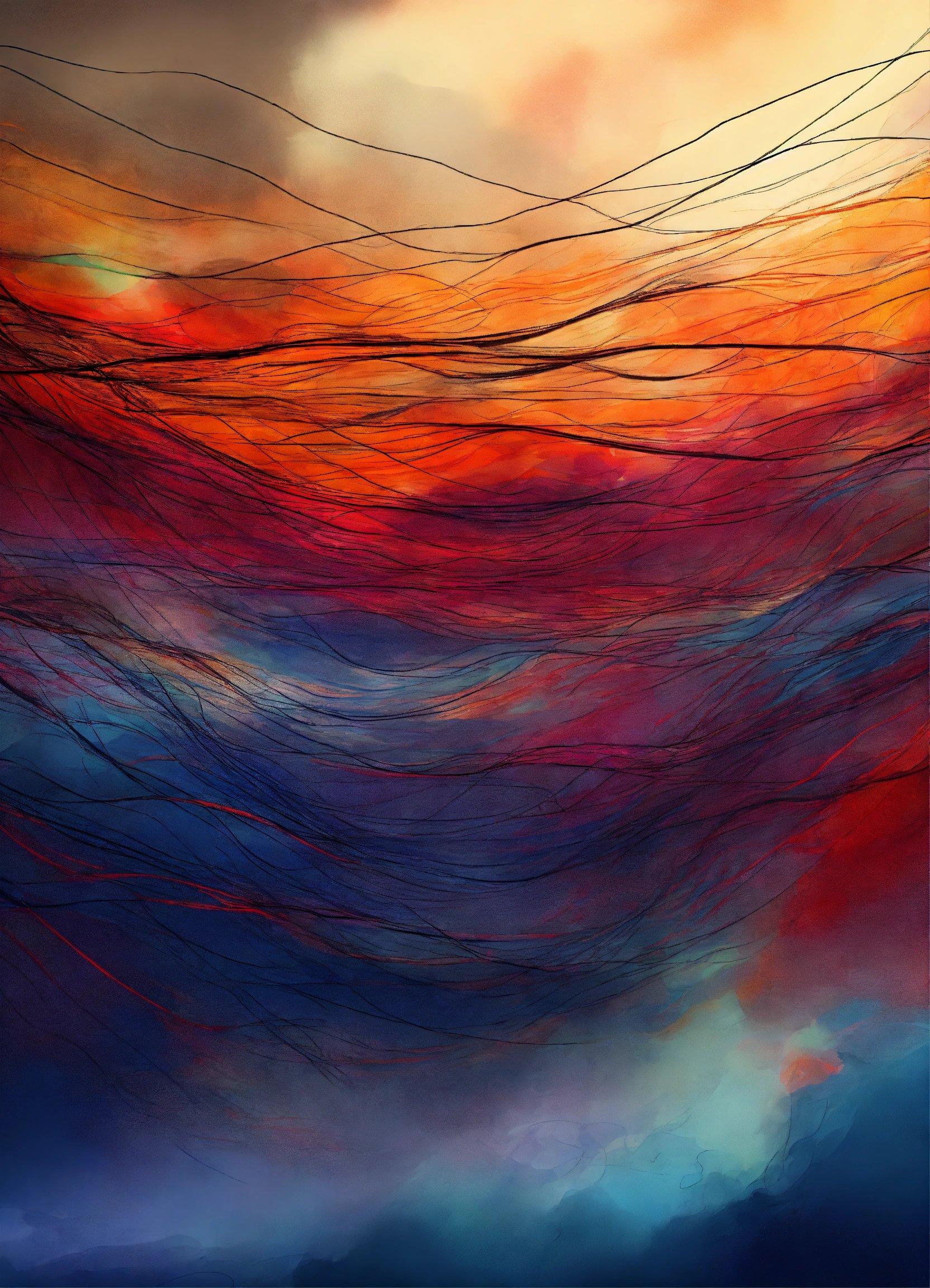 A Painting Of Red, Blue, And Orange Waves