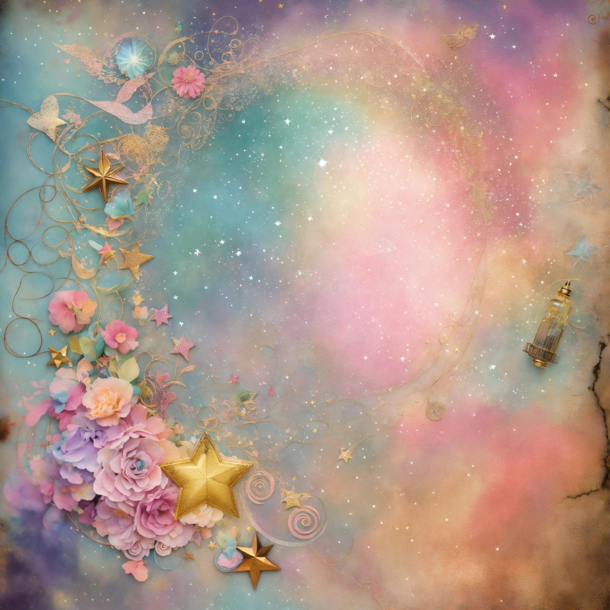 A Painting Of Stars, Flowers, And A Clock