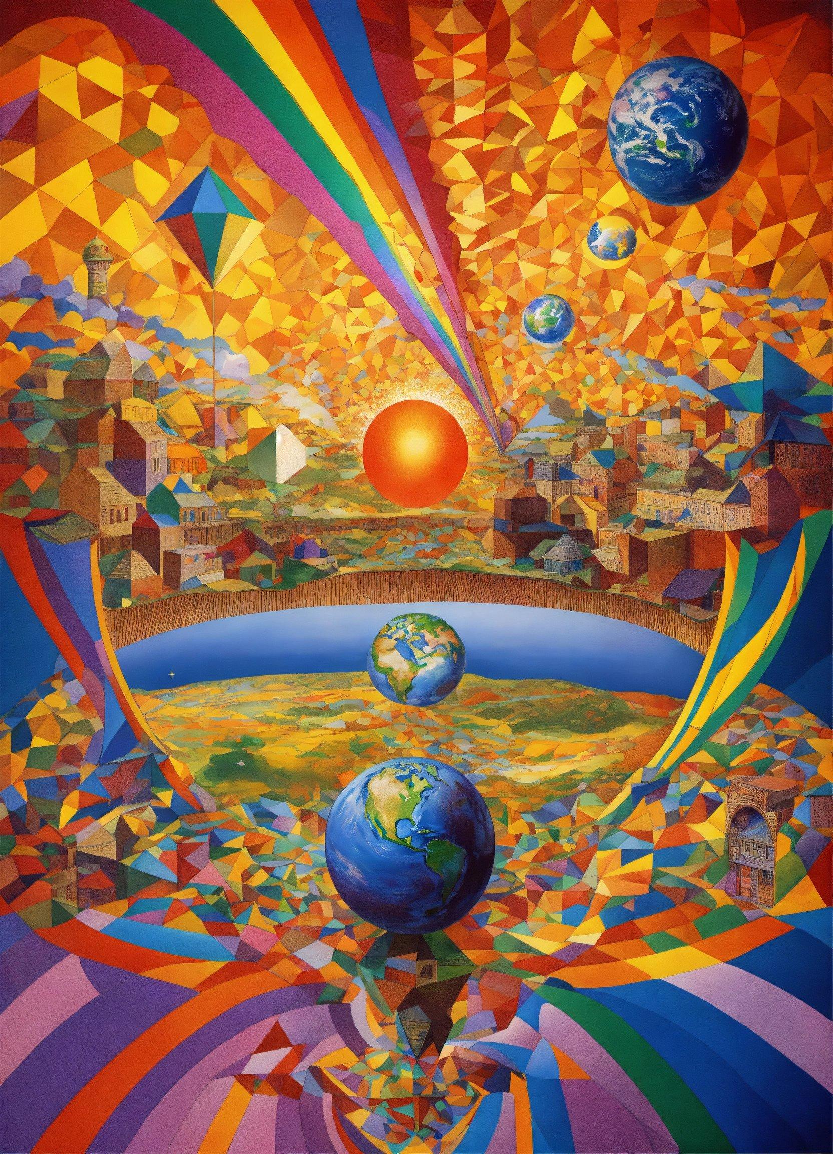 A Painting Of The Earth Surrounded By Colorful Shapes