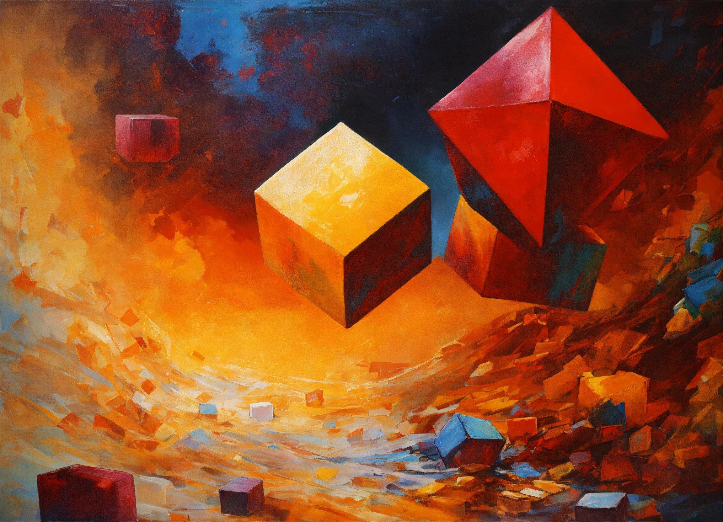 A Painting Of Three Cubes Floating In The Air