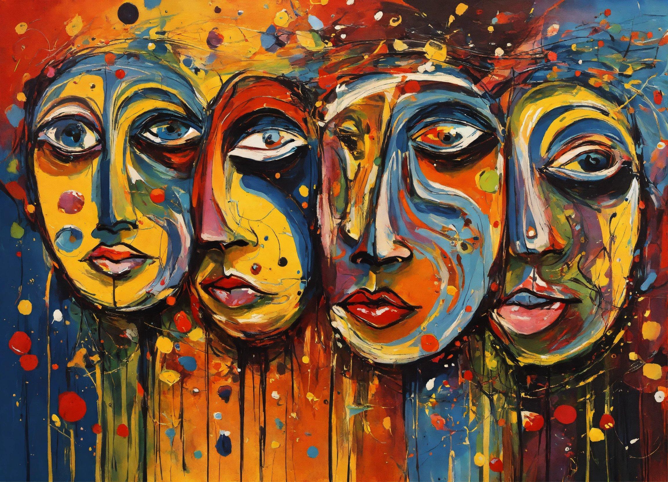 A Painting Of Three Faces With Different Colors