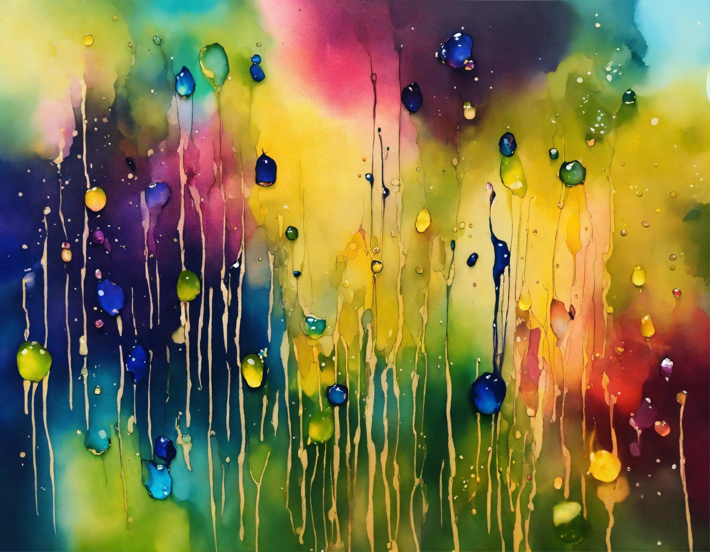 A Painting Of Water Drops On A Colorful Background