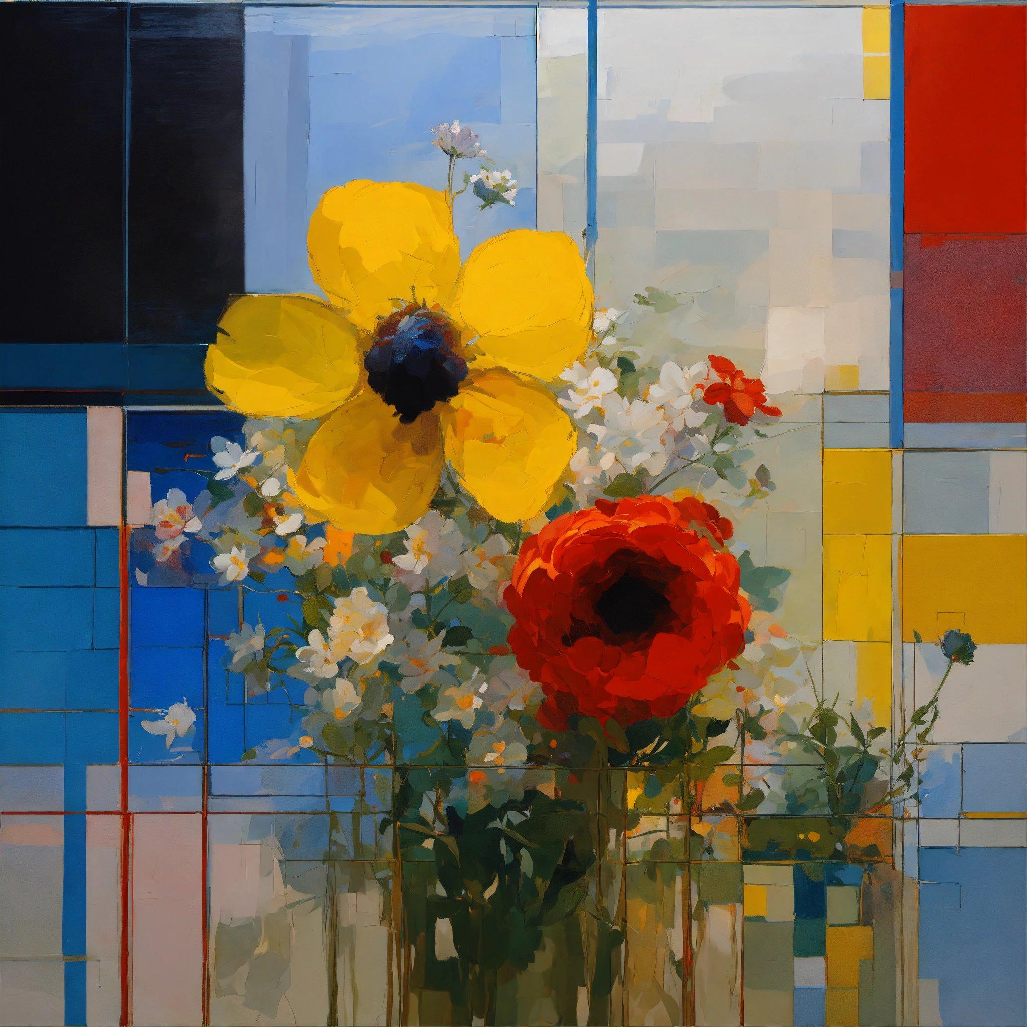 A Painting Of Yellow And Red Flowers In A Vase