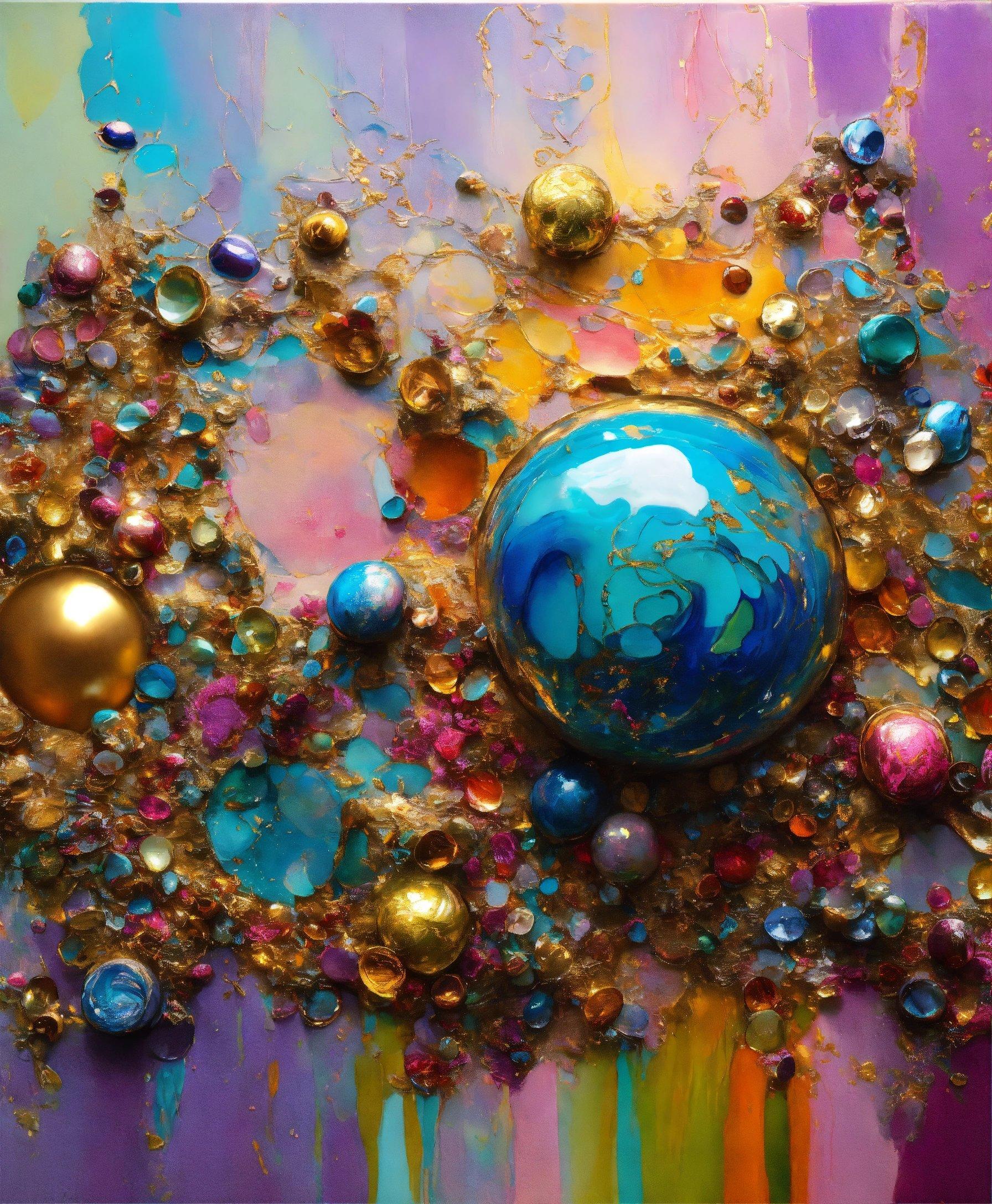 A Painting With A Blue Ball Surrounded By Gold And Blue Balls