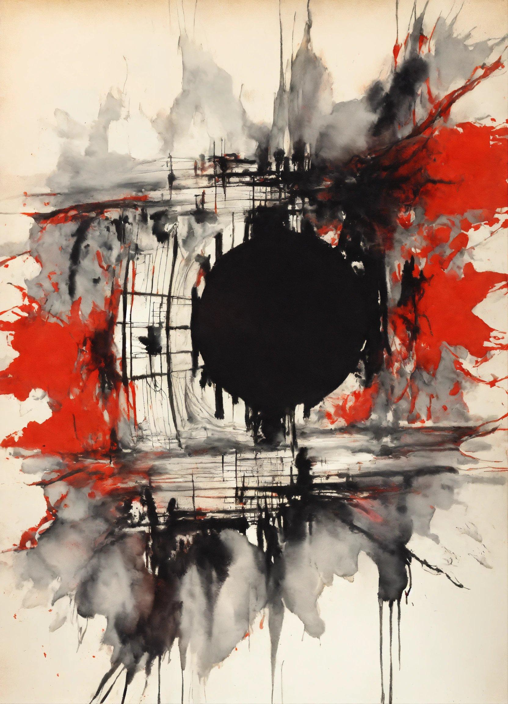 A Painting With Black And Red Paint On It