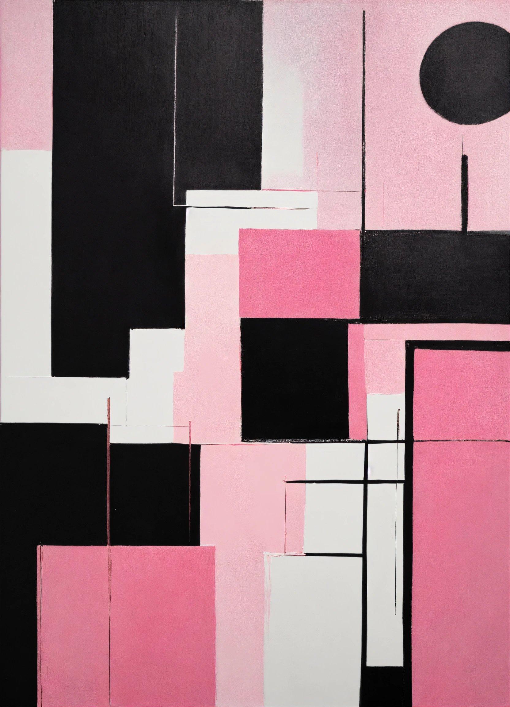 A Painting With Black, Pink And White Squares