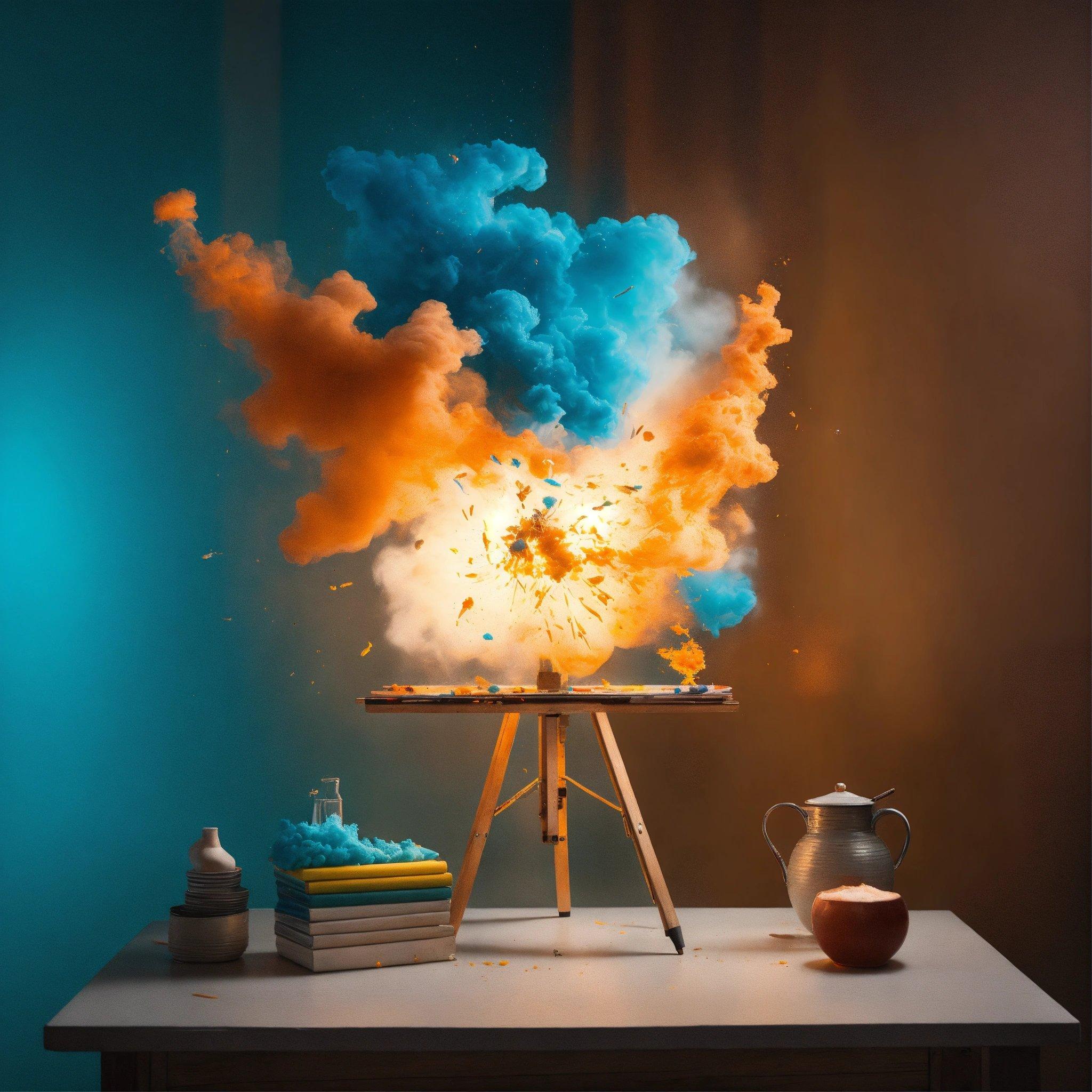 A Painting With Blue And Orange Smoke Coming Out Of It