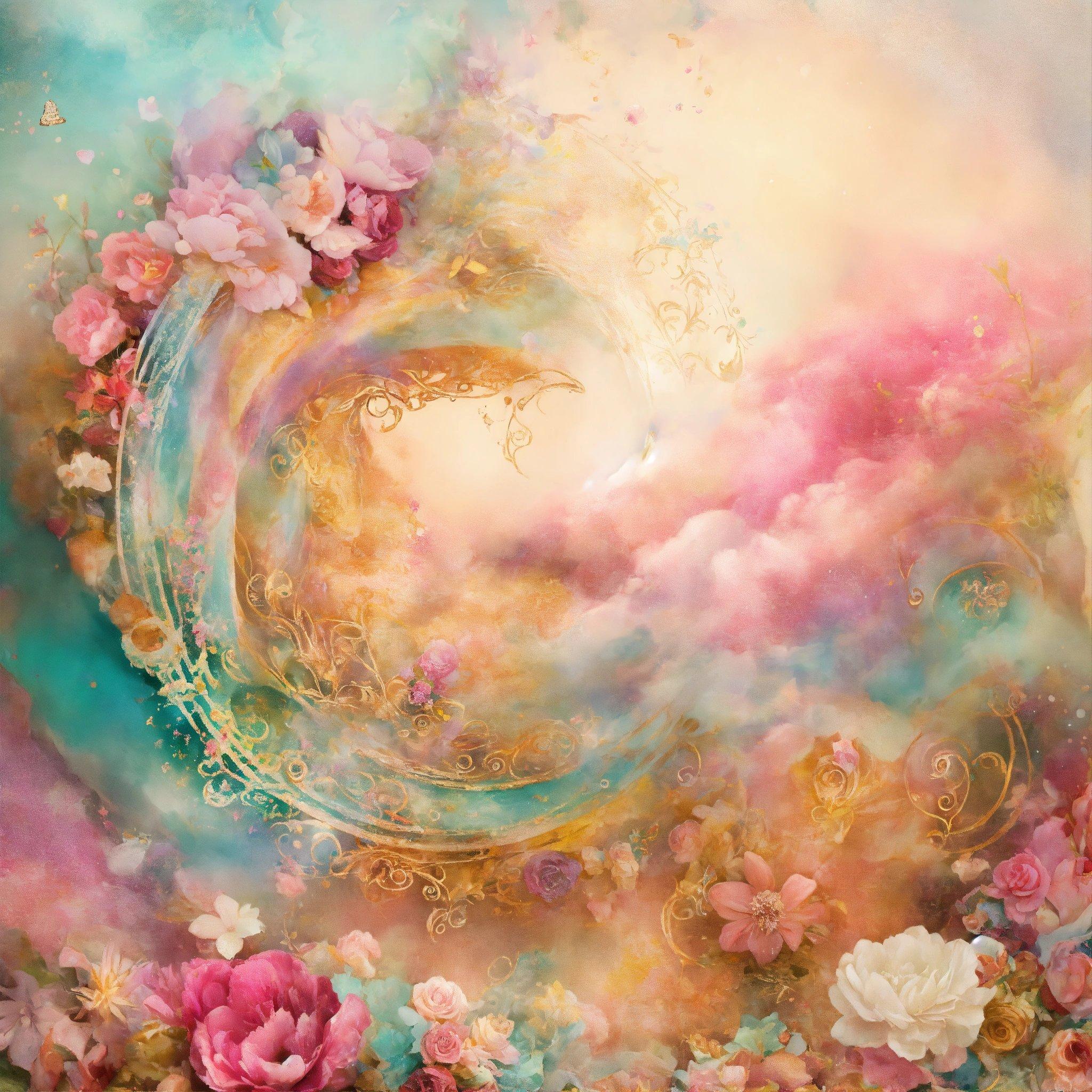 A Painting With Flowers And Clouds In The Background