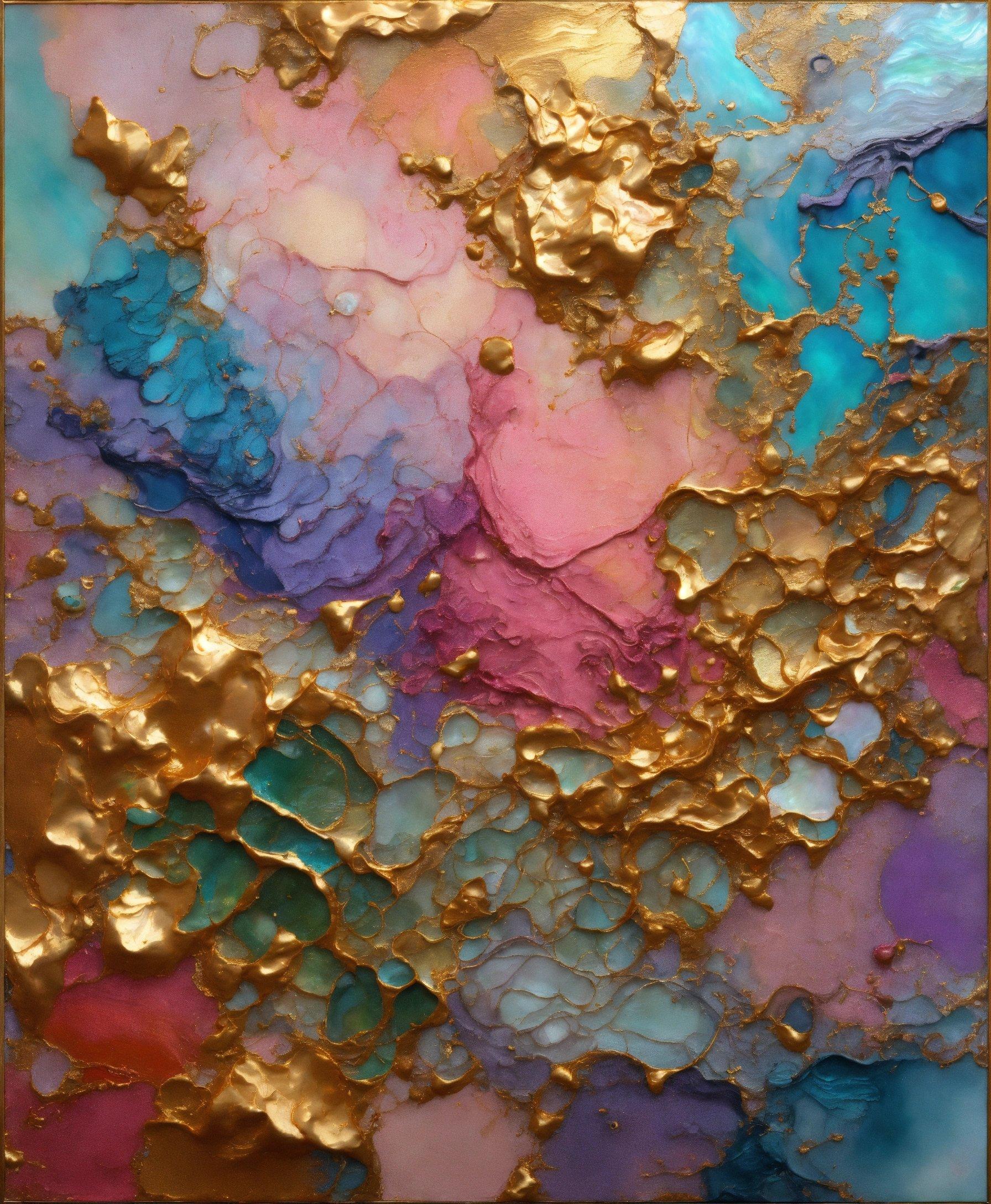 A Painting With Gold And Blue Paint On It