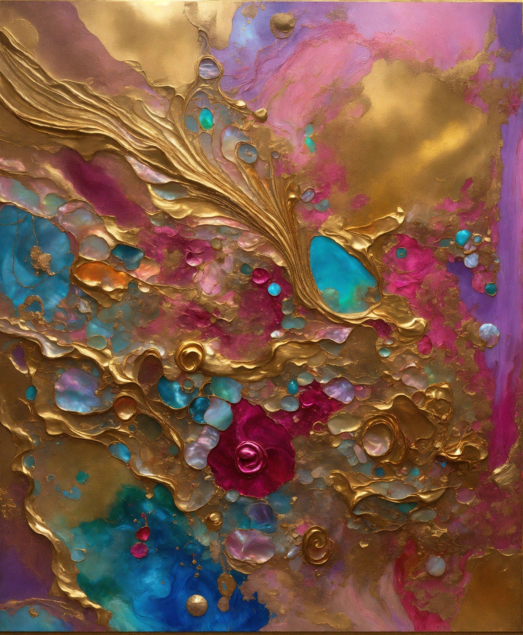 A Painting With Gold, Blue, And Pink Colors