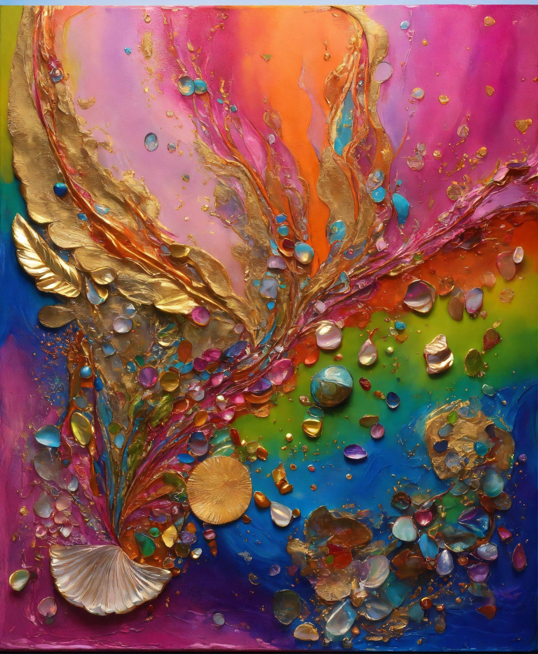 A Painting With Gold Leaves And Bubbles On It