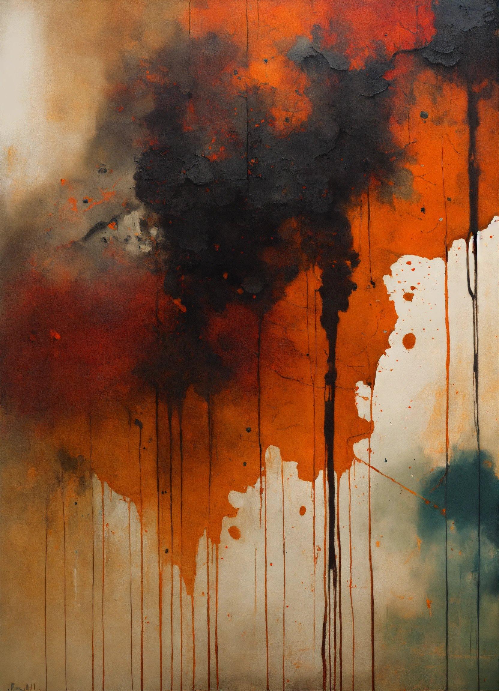 A Painting With Orange And Black Paint On It