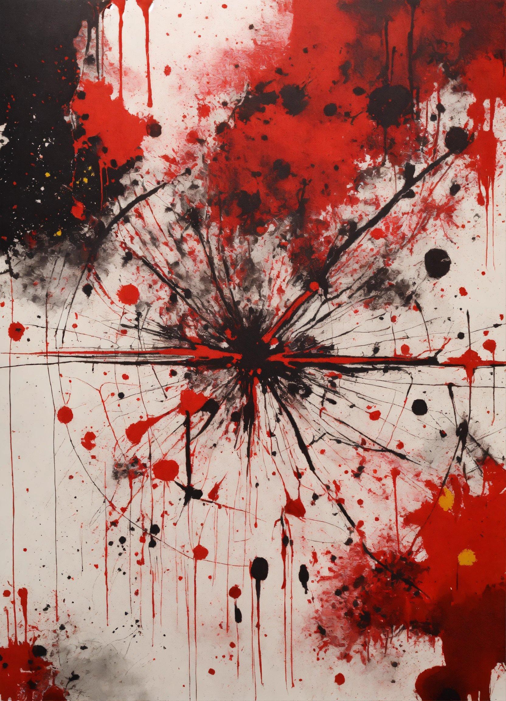 A Painting With Red And Black Paint Splattered On It