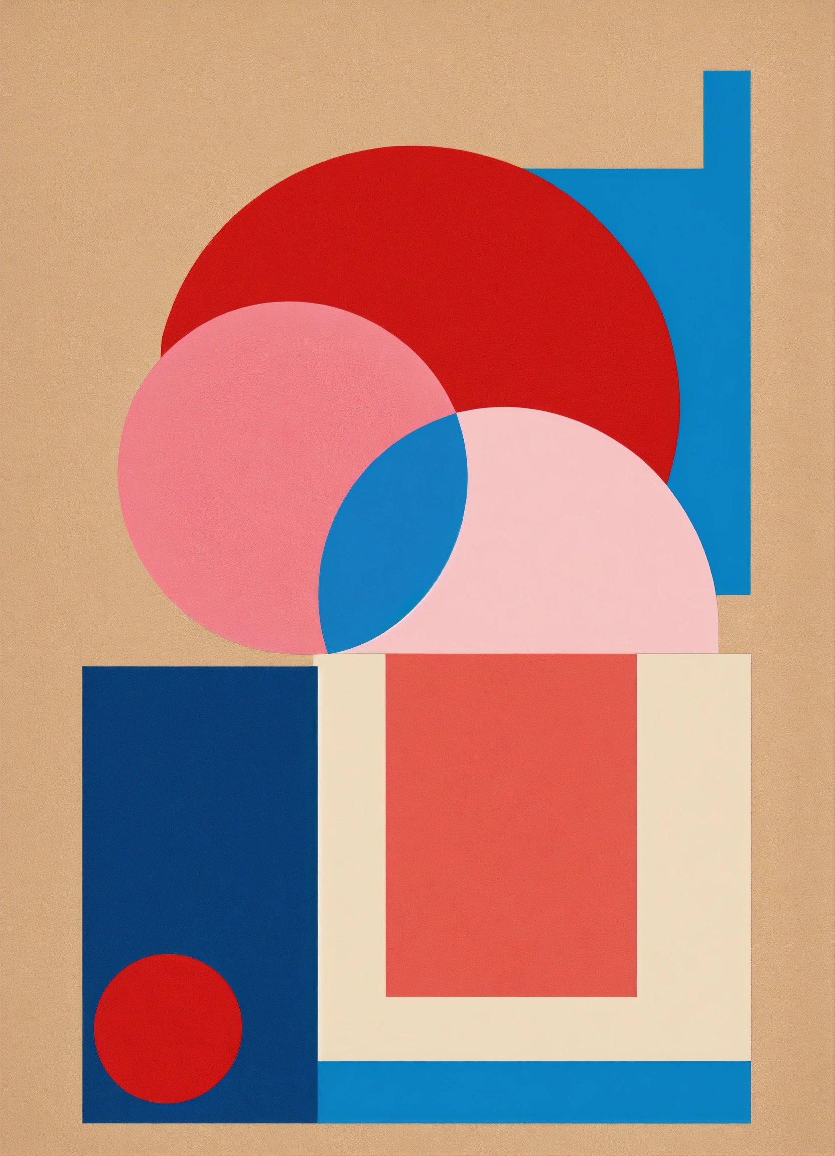 A Painting With Red, Blue, And Pink Shapes