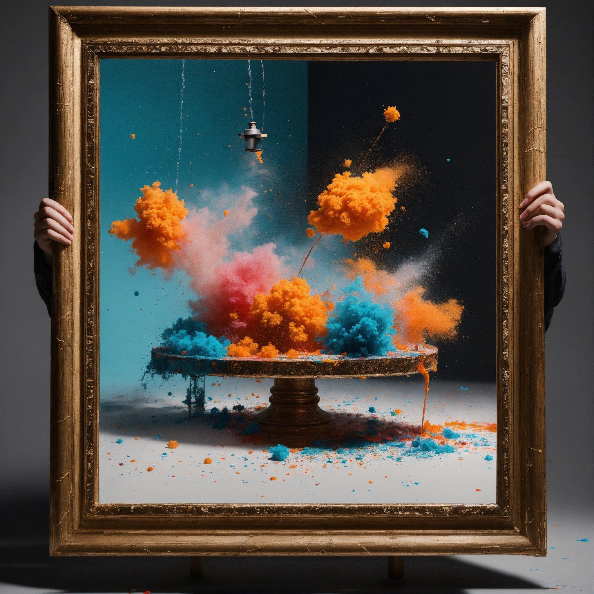 A Person Holding Up A Picture Of A Table With Colored Smoke