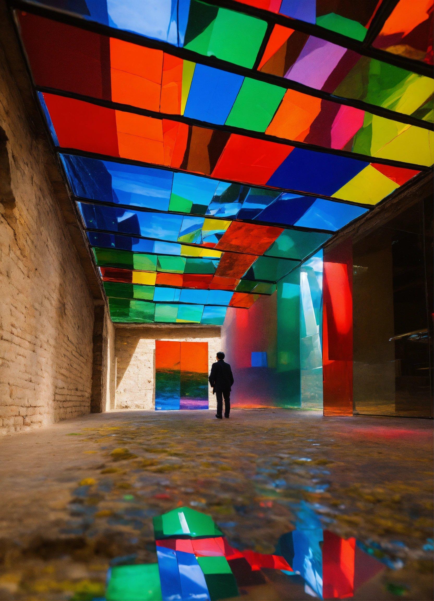 A Person Standing In A Room With A Multicolored Ceiling