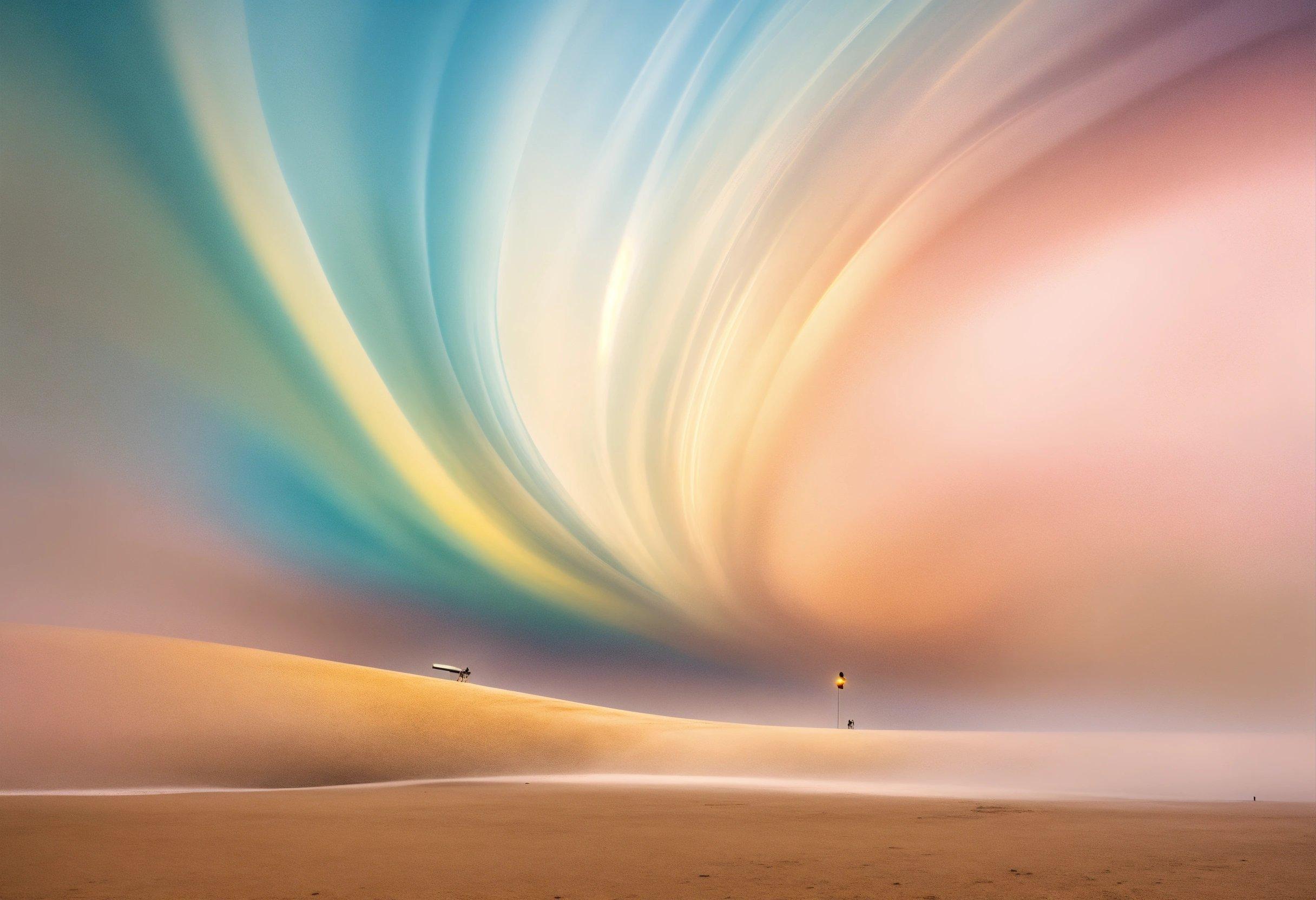 A Person Standing On A Sandy Beach Under A Colorful Sky