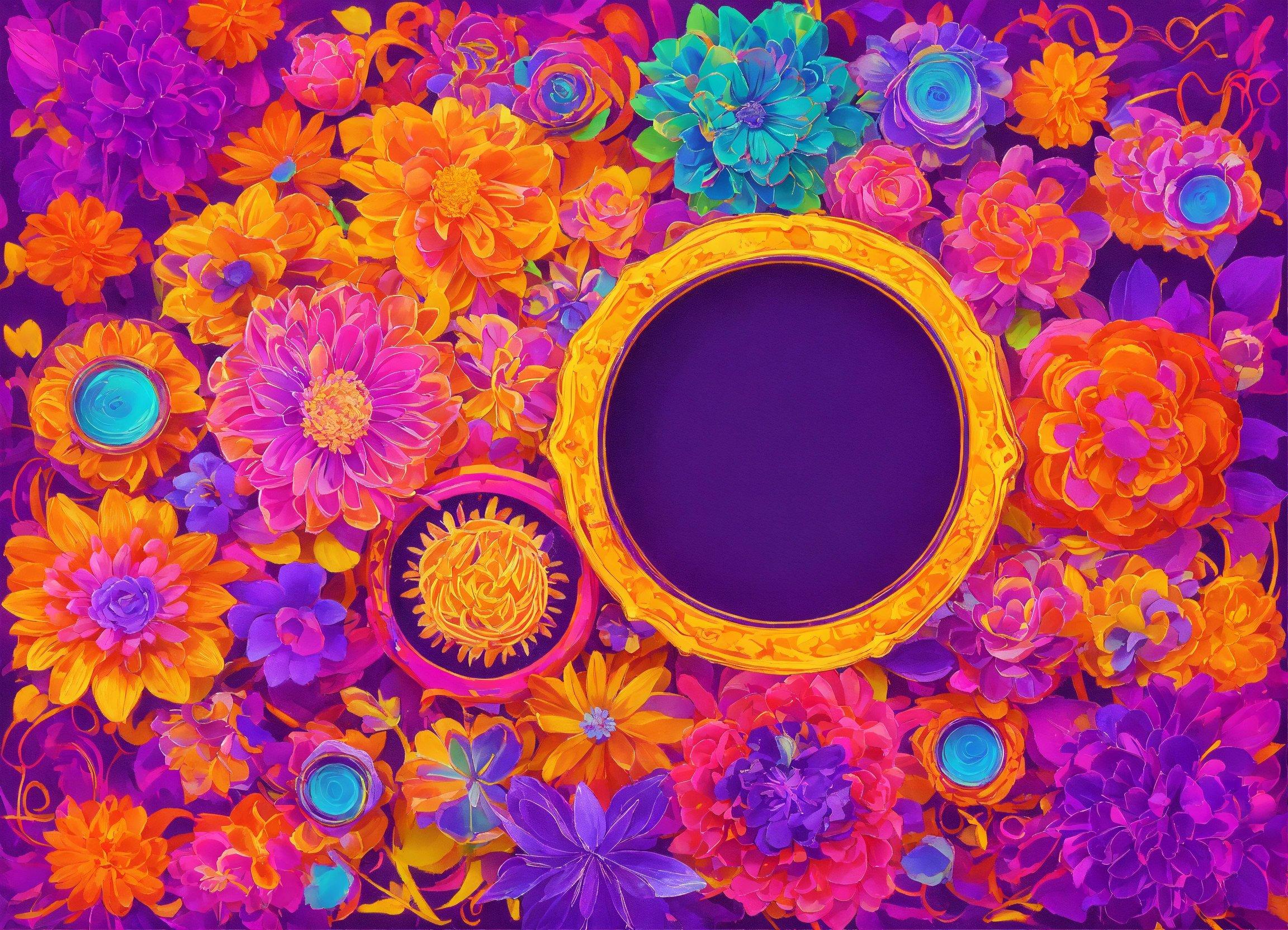 A Picture Frame Surrounded By Colorful Flowers On A Purple Background