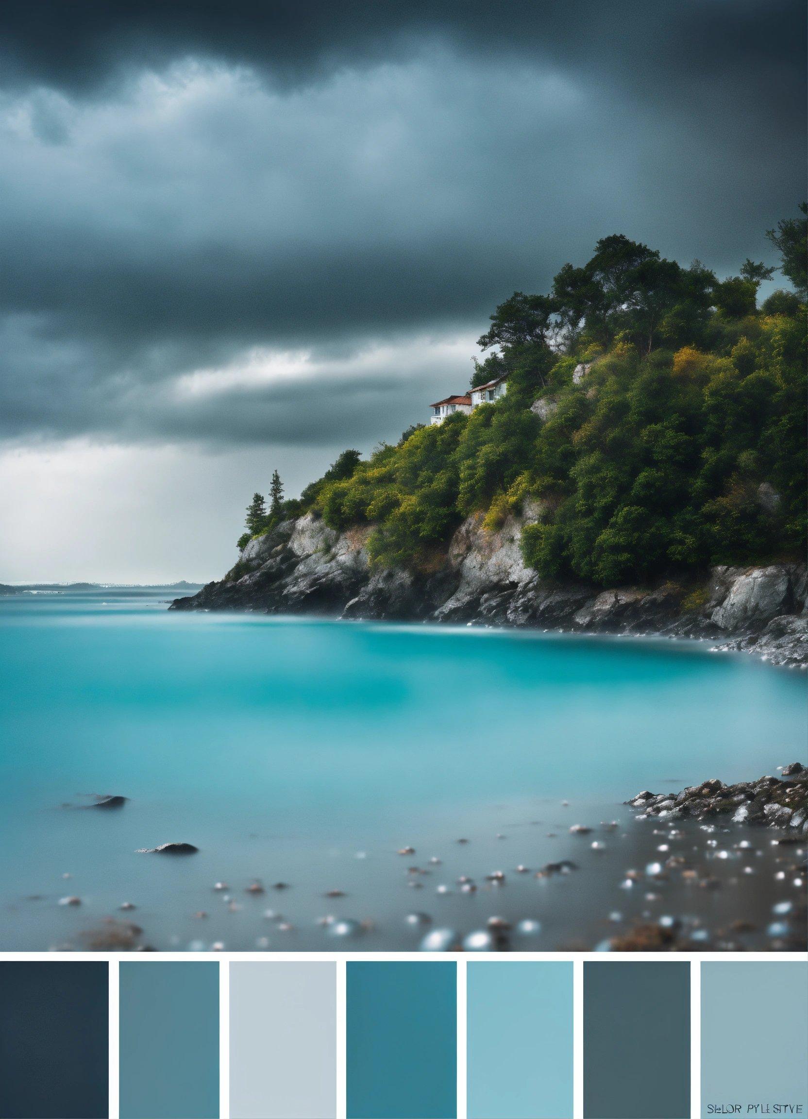 A Picture Of A Blue Lake With A Dark Sky In The Background