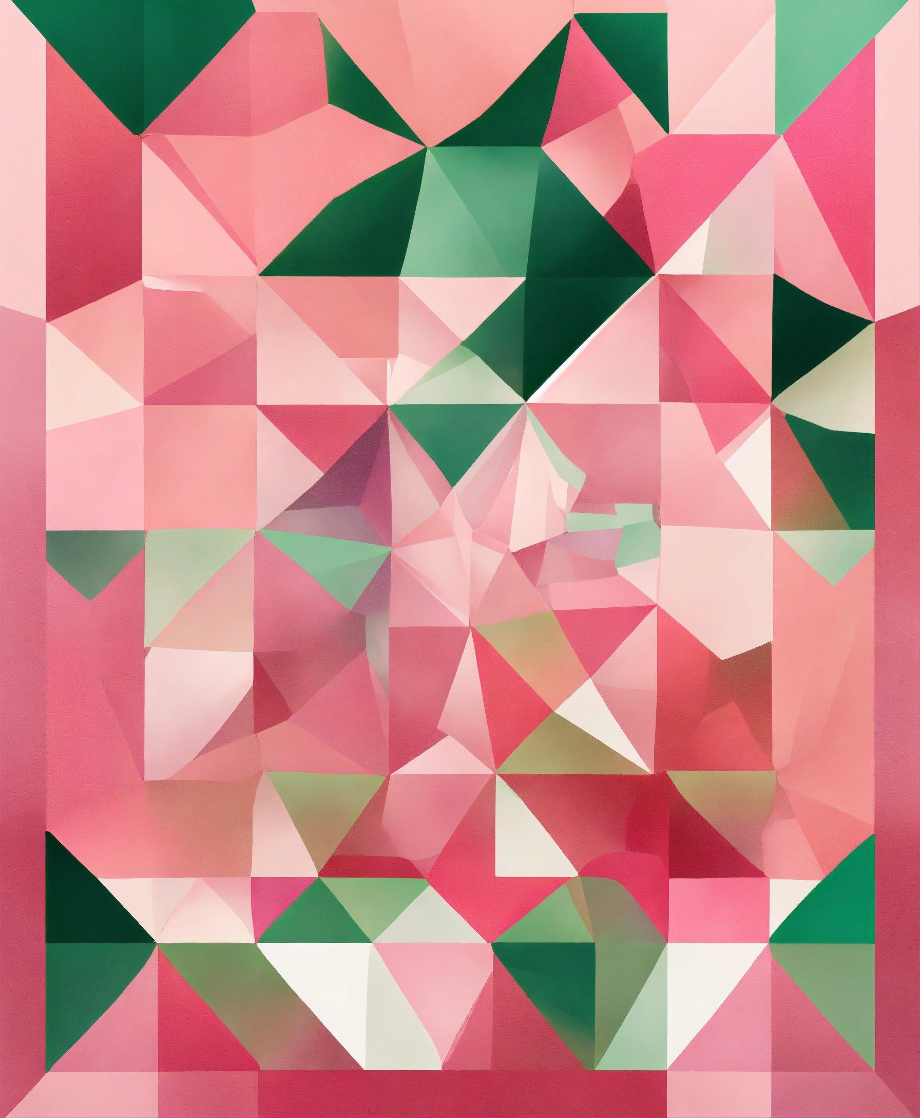 A Pink And Green Abstract Painting With Lots Of Different Shapes