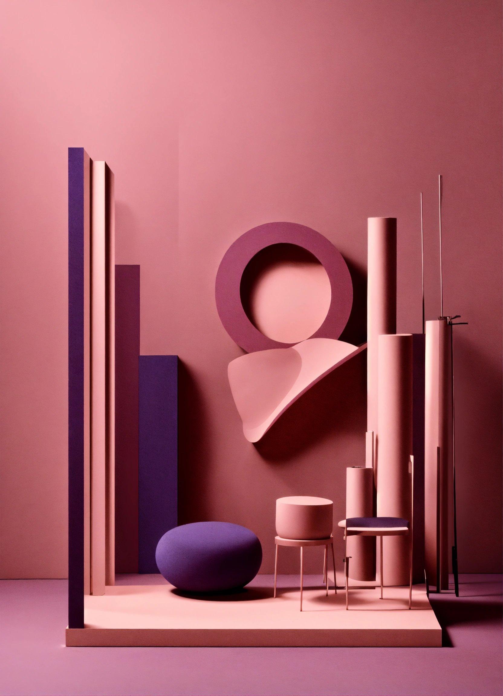 A Pink And Purple Room With A Chair, Stools, And A Sculpture