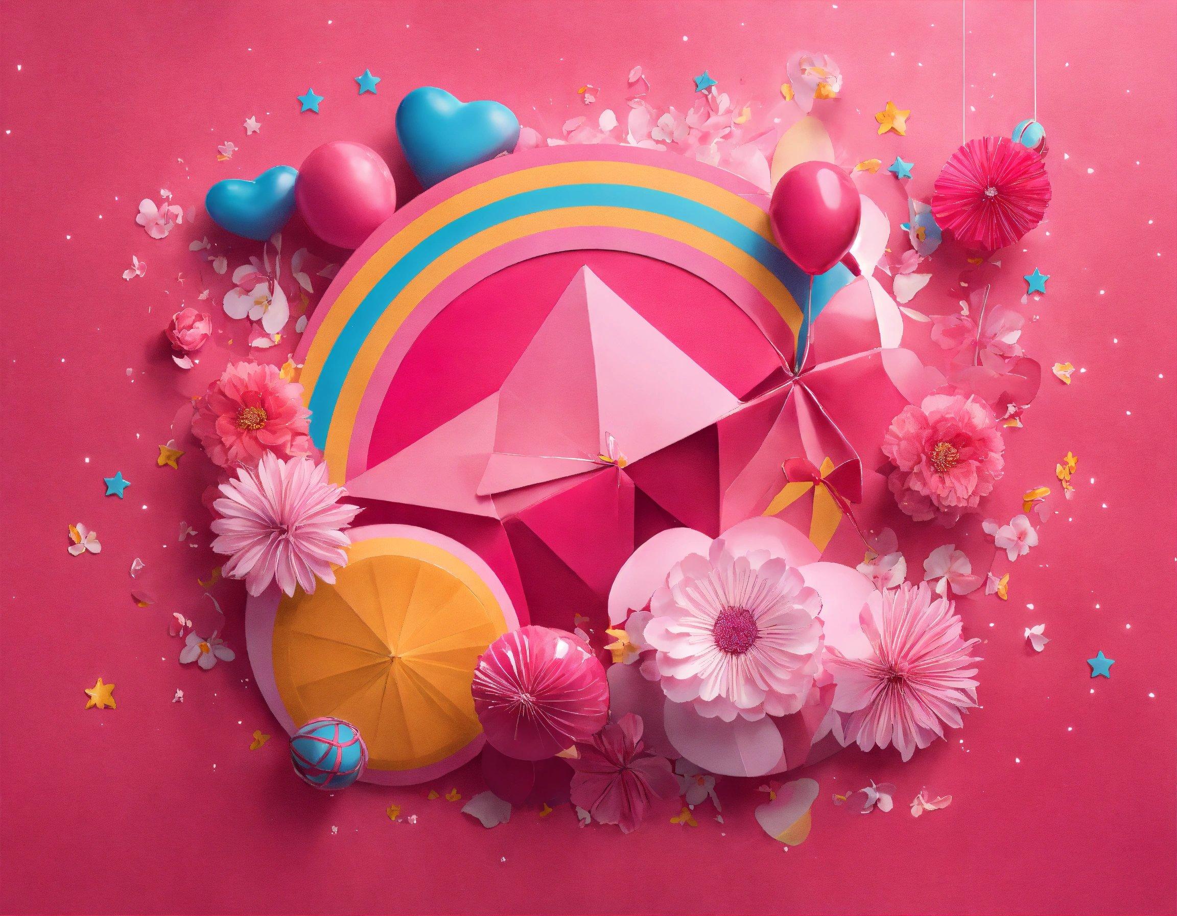 A Pink Background With Paper Flowers And Umbrellas