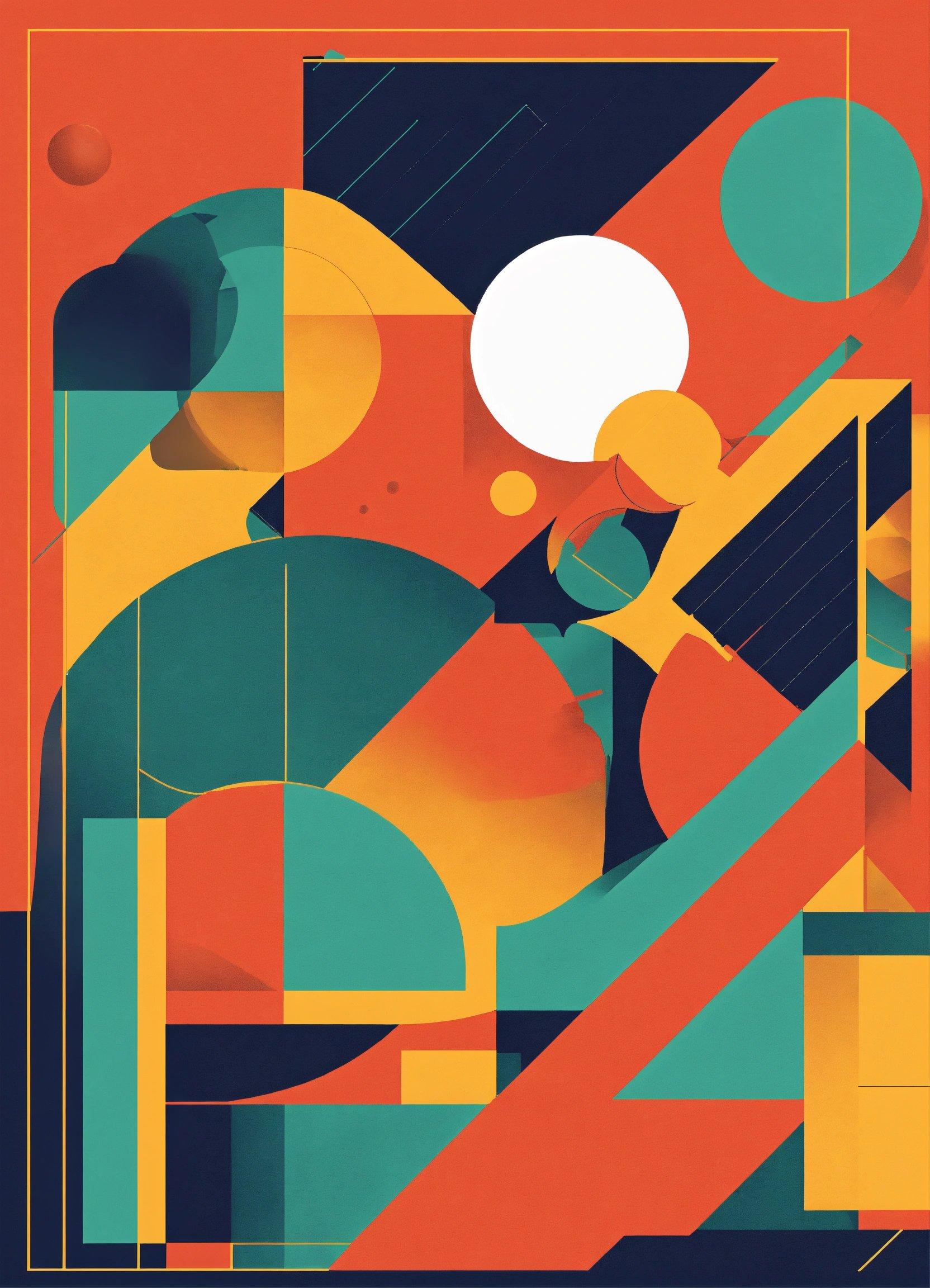 A Poster With An Abstract Design In Orange, Blue, And Green