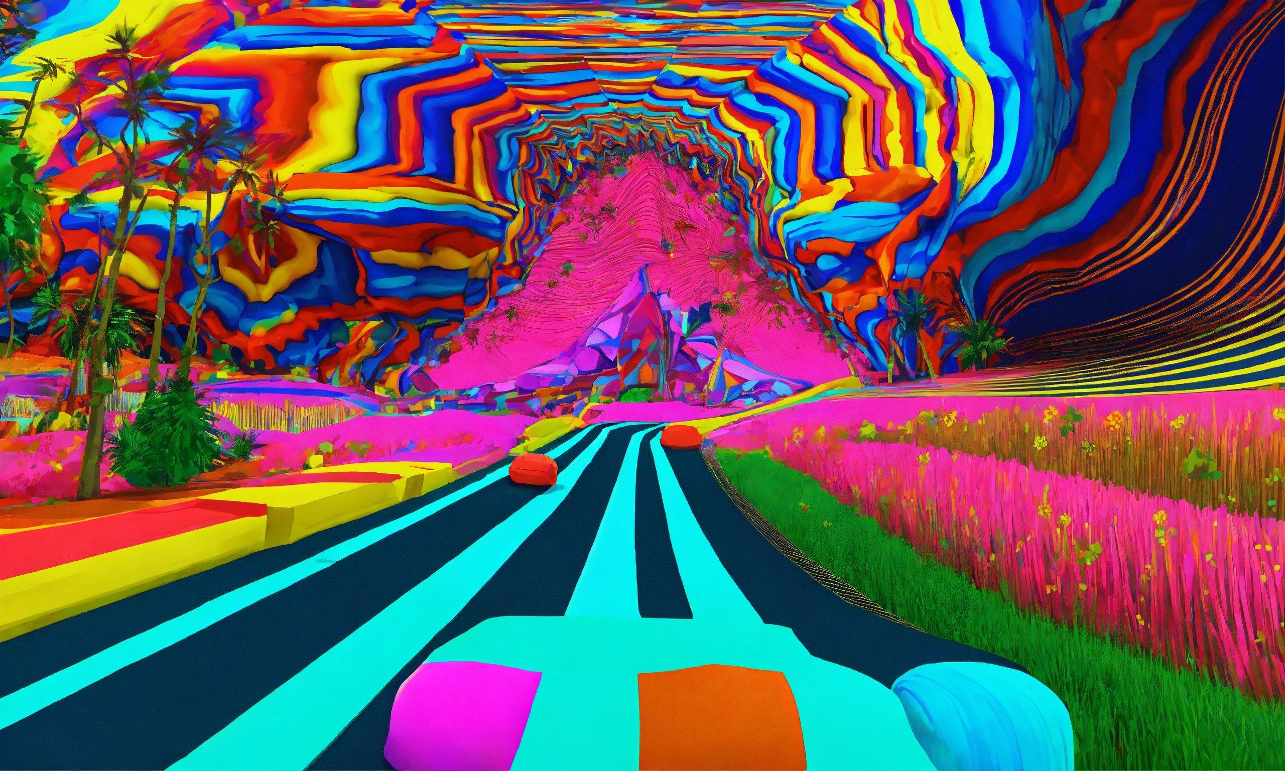 A Psychedelic Image Of A Road With Palm Trees