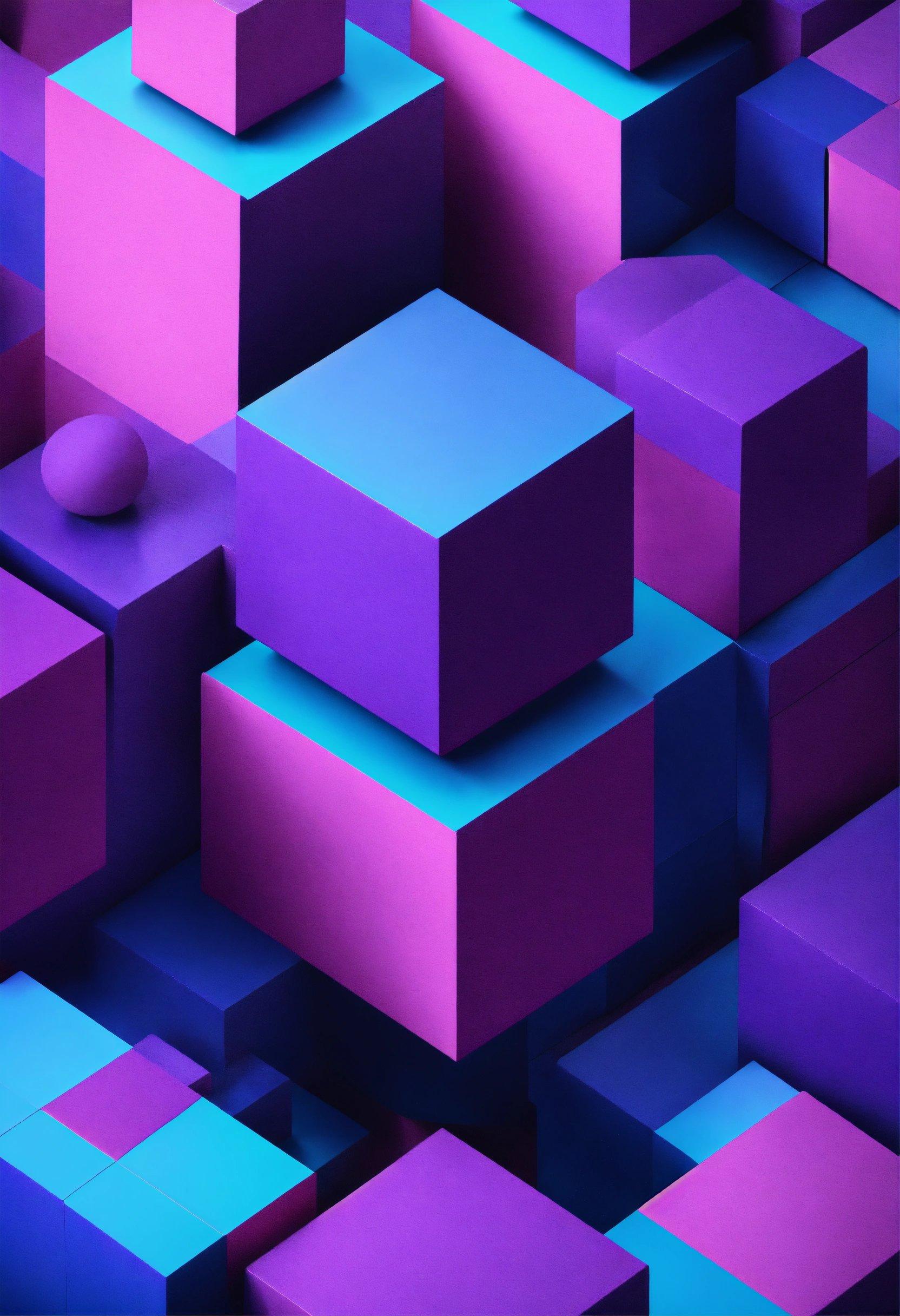 A Purple And Blue Background With Cubes And A Ball