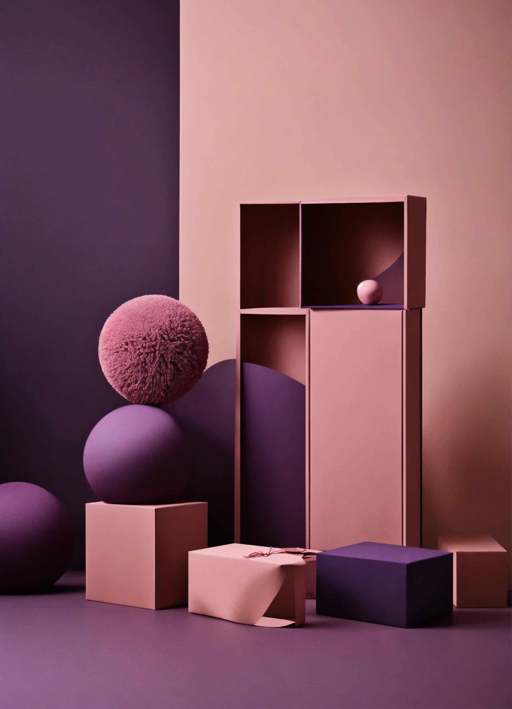 A Purple And Pink Room With Boxes And Balls