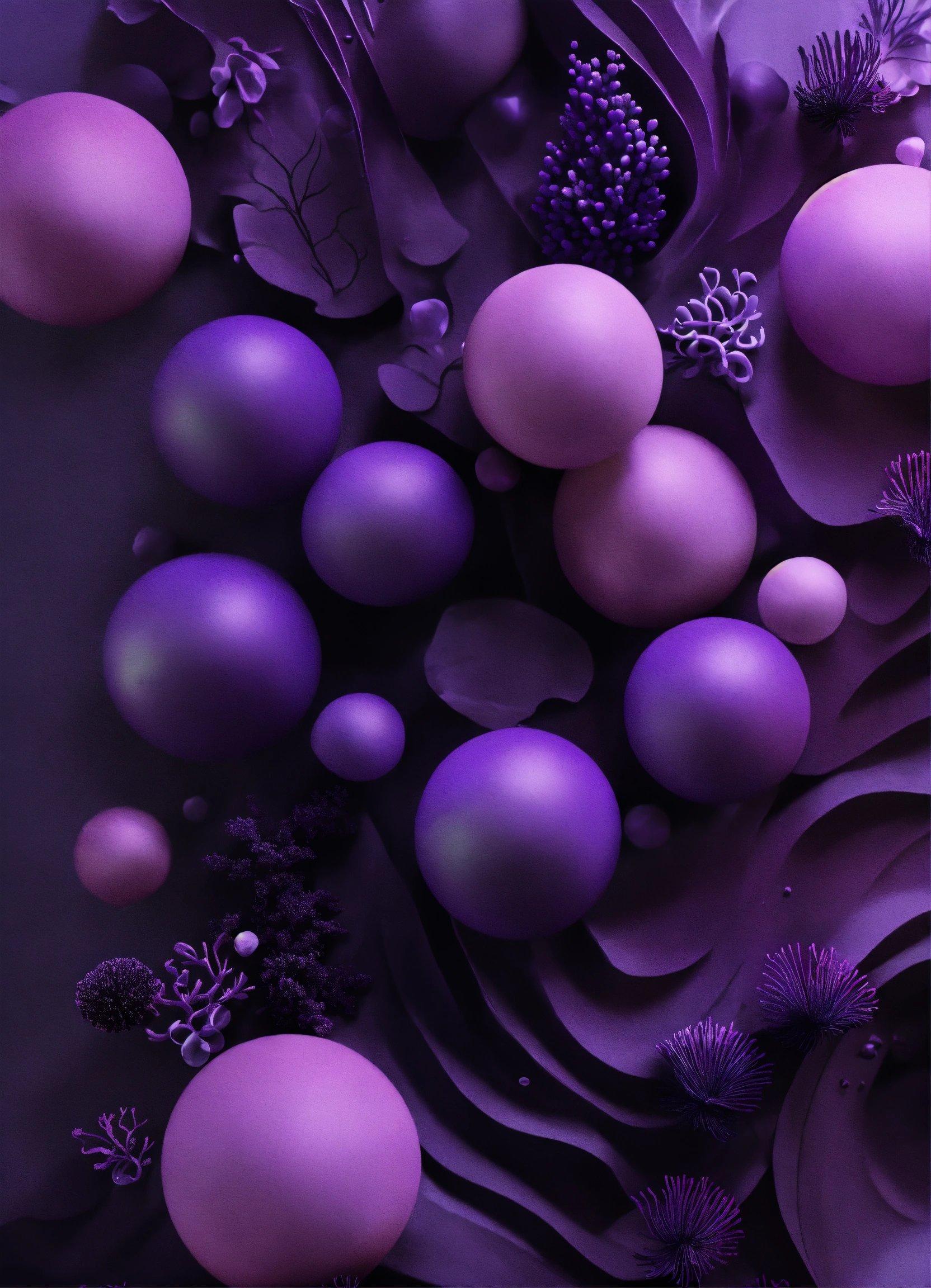 A Purple Background With Purple Balls And Flowers