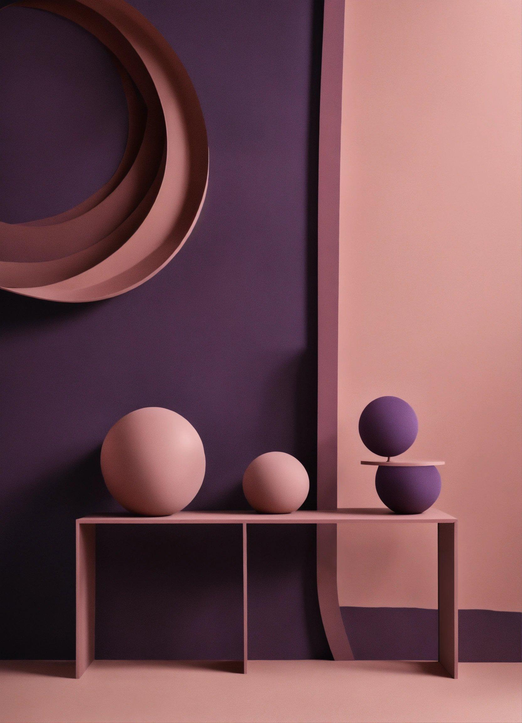 A Purple Room With A Shelf And Three Balls On It