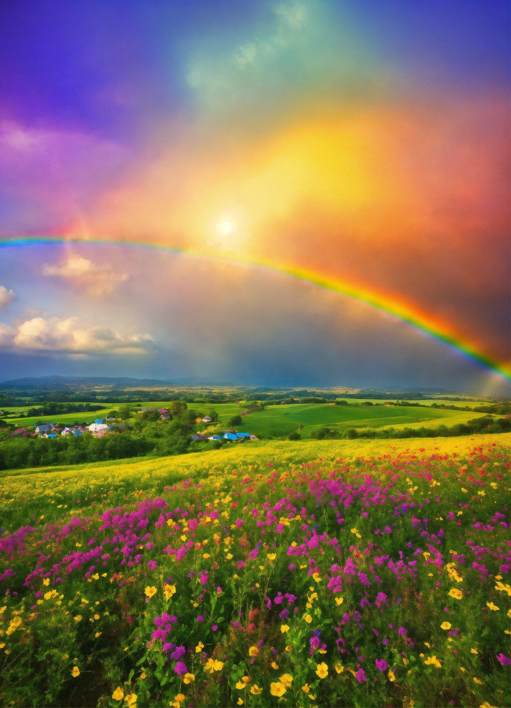 A Rainbow Appears Over A Field Of Wildflowers