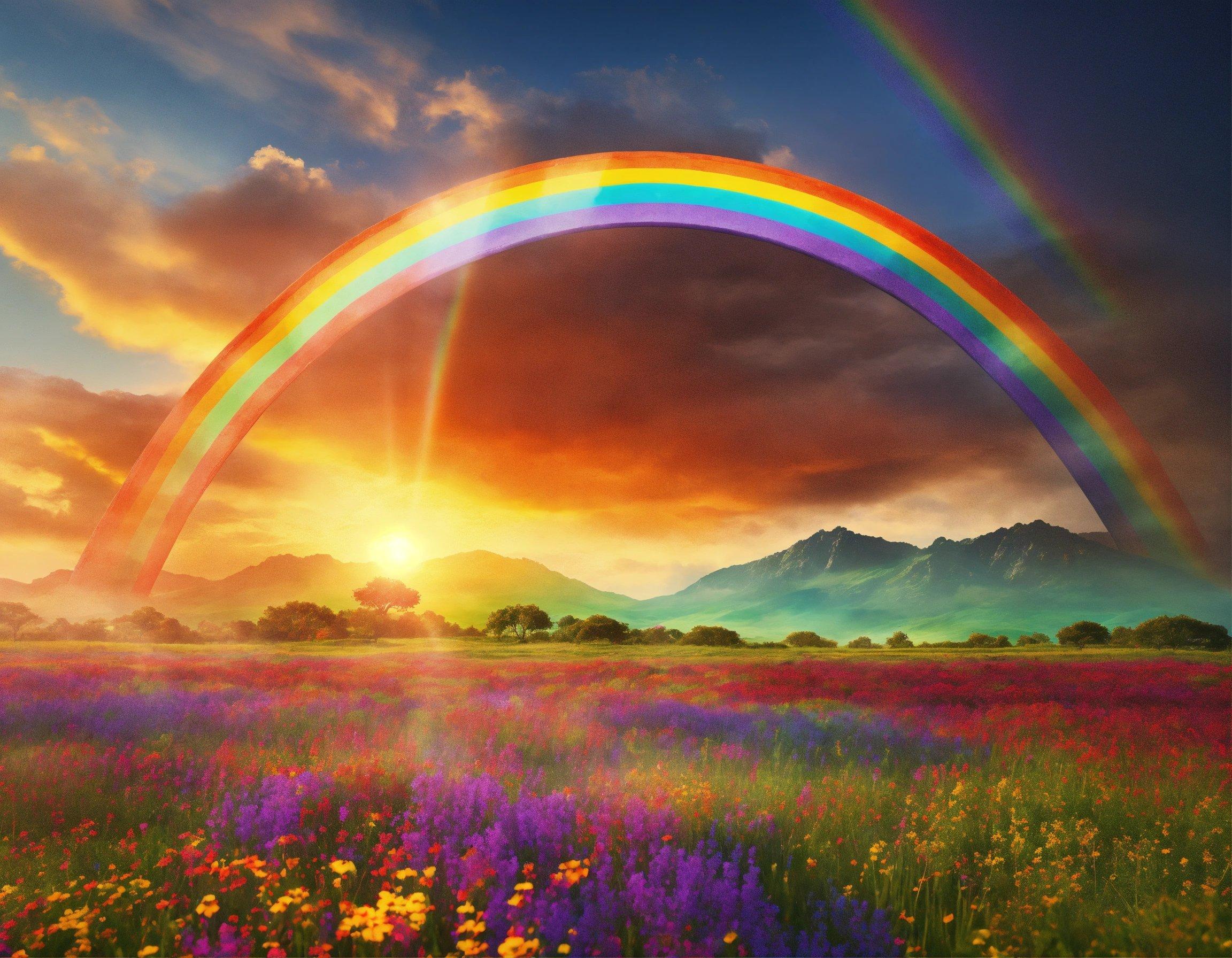 A Rainbow Arches Over A Field Of Wildflowers