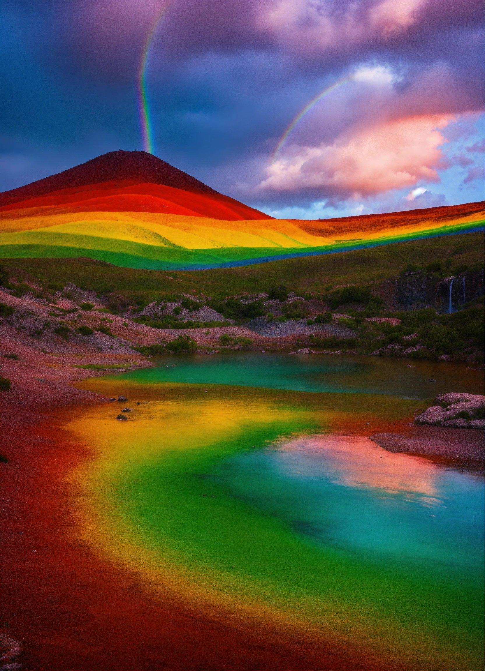 A Rainbow Colored Landscape With A Mountain In The Background