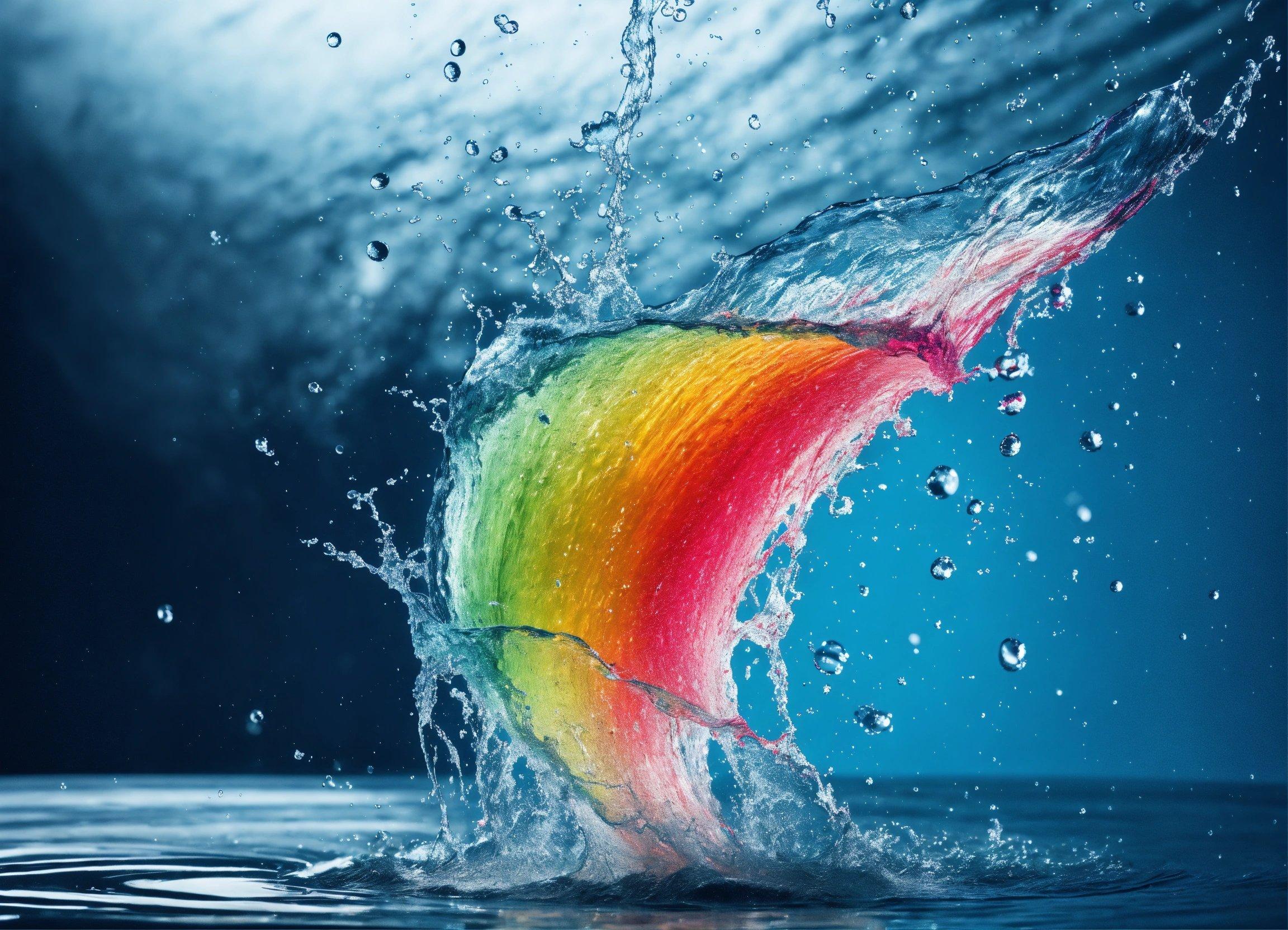 A Rainbow Colored Umbrella Splashing Into The Water