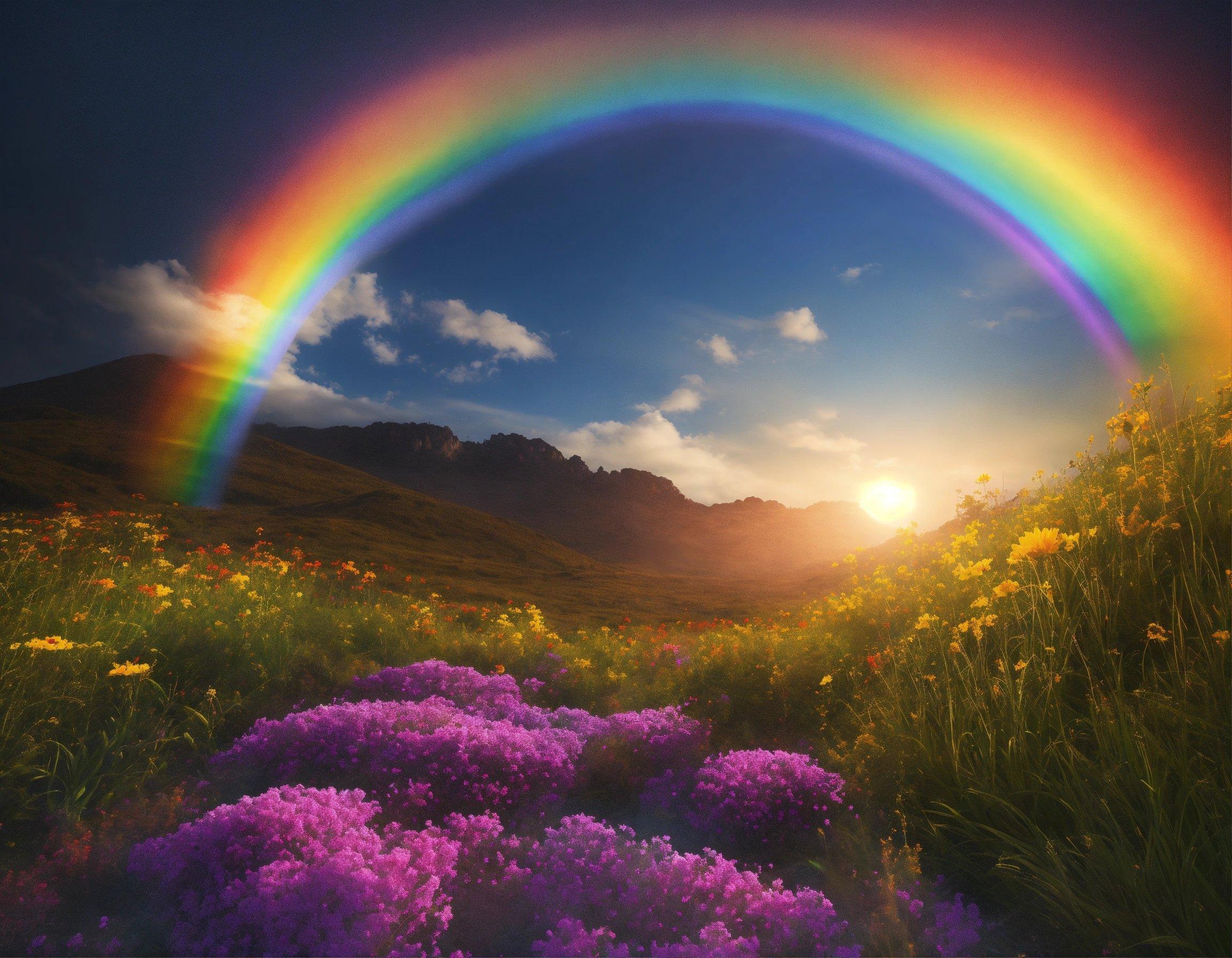 A Rainbow In The Sky Over A Field Of Flowers