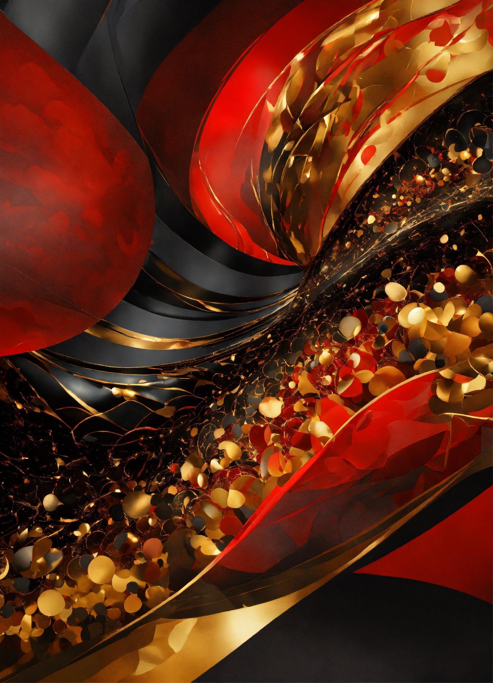 A Red And Black Abstract Background With Gold And Black Circles