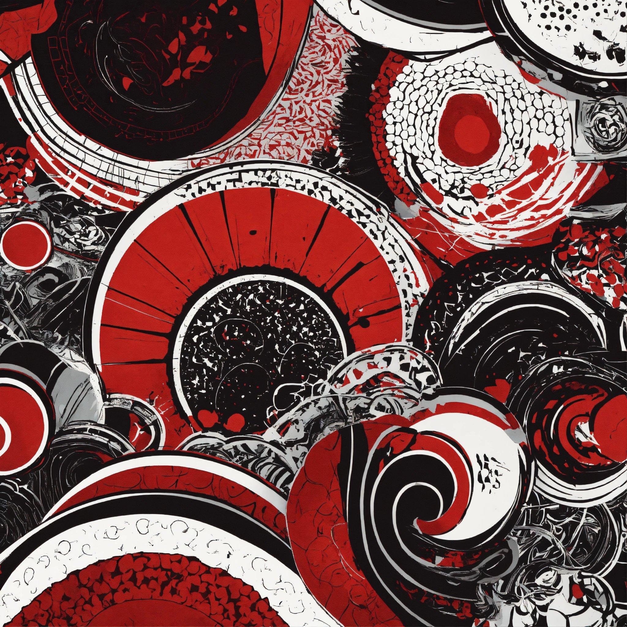 A Red And Black Abstract Painting With Circles