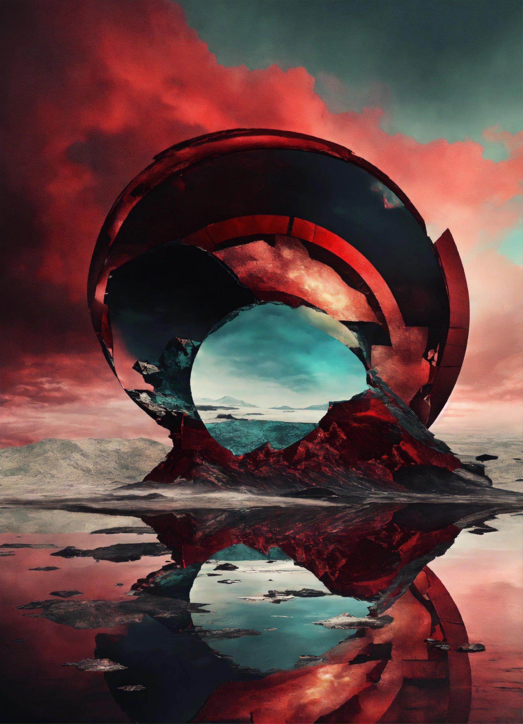 A Red And Black Photo Of A Circular Object In The Water