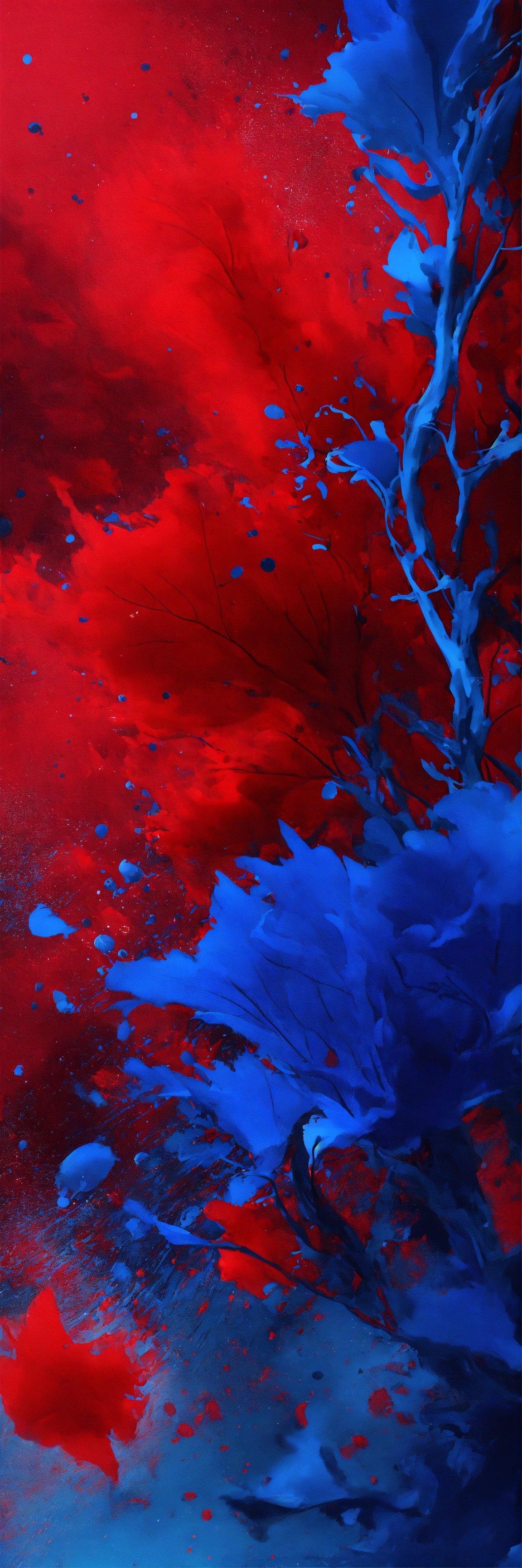 A Red And Blue Painting Of A Tree