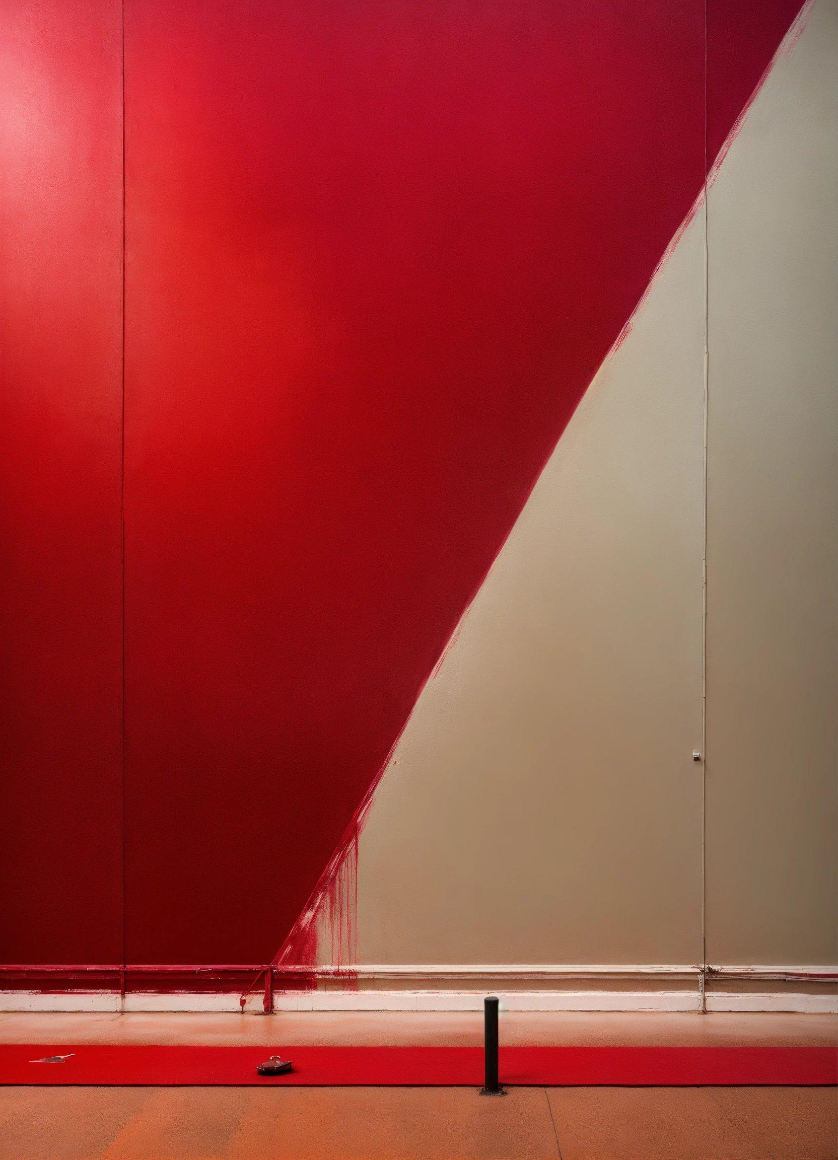 A Red And White Wall With A Black Pole In Front Of It