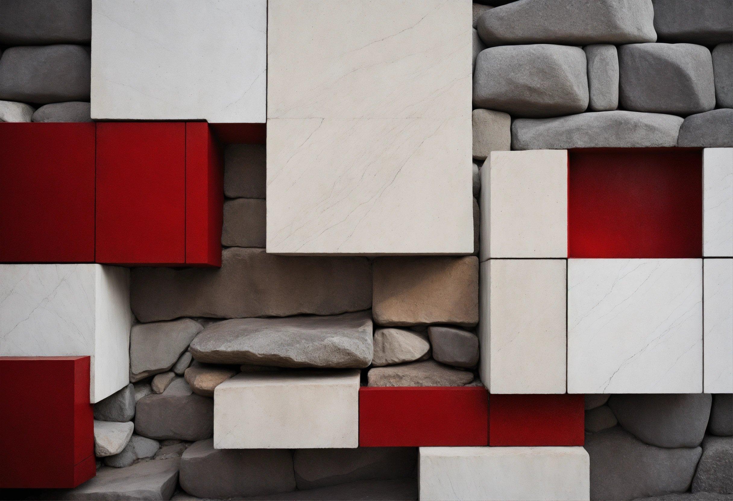 A Red And White Wall With A Bunch Of Rocks