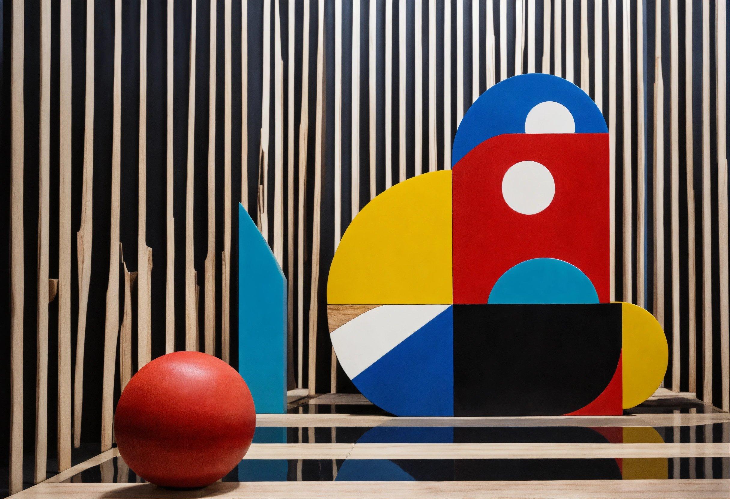 A Red Ball Sitting Next To A Colorful Sculpture